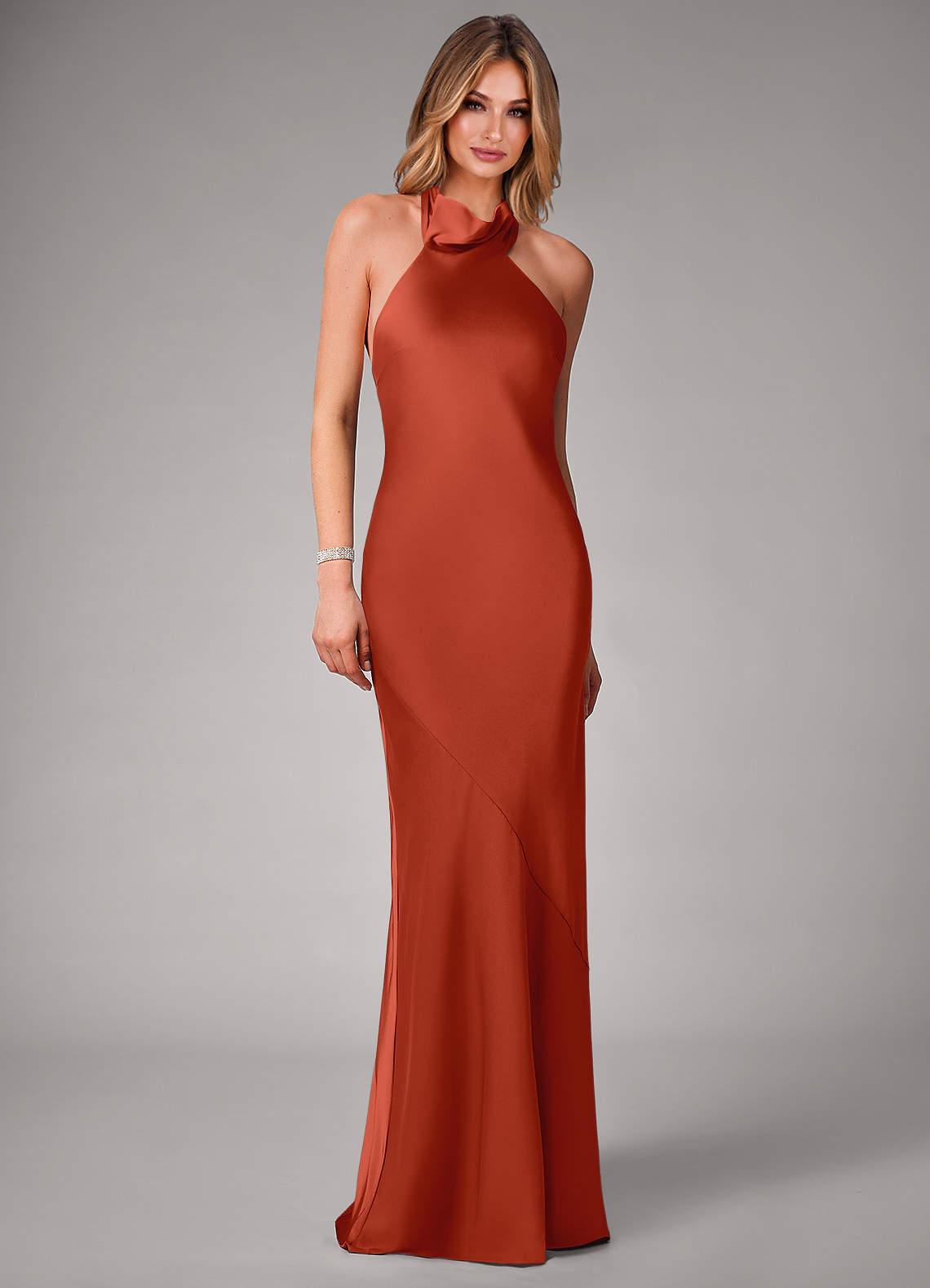 rust satin high neck dress Orange High Neck Satin Mini Dress With Keyhole