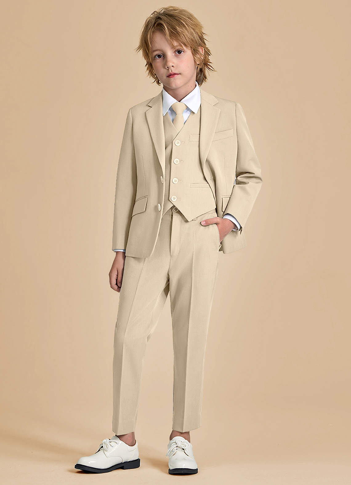front Oliver Boys Tan 5-Piece Suit With Pre-tie