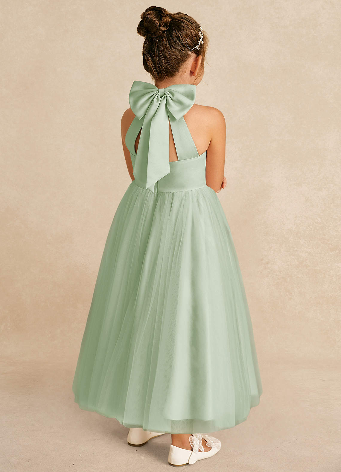 Azazie Bev Flower Girl Dresses Dusty Sage A-Line Convertible Tulle Dress image5