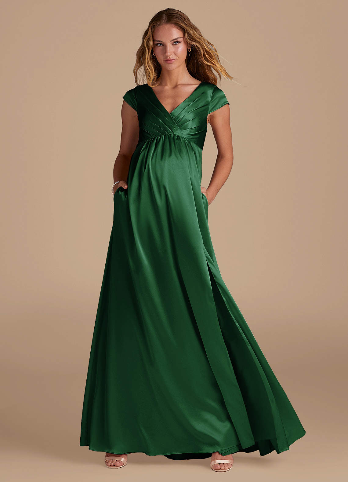 Azazie Allessia Maternity Bridesmaid Dresses A-Line Metallic Satin Floor-Length Dress image1