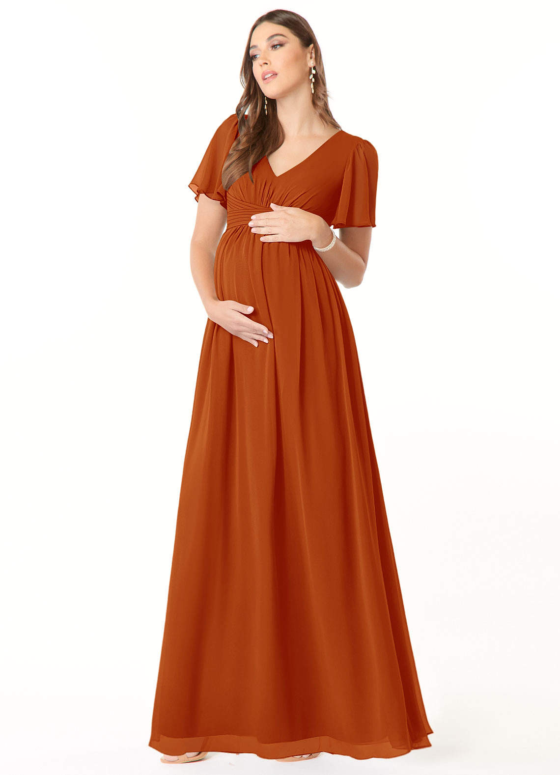 Azazie Verna Robes de demoiselle d'honneur de maternité Robe Trapèze Col V froncé Longueur ras du sol Mousseline de soie image2