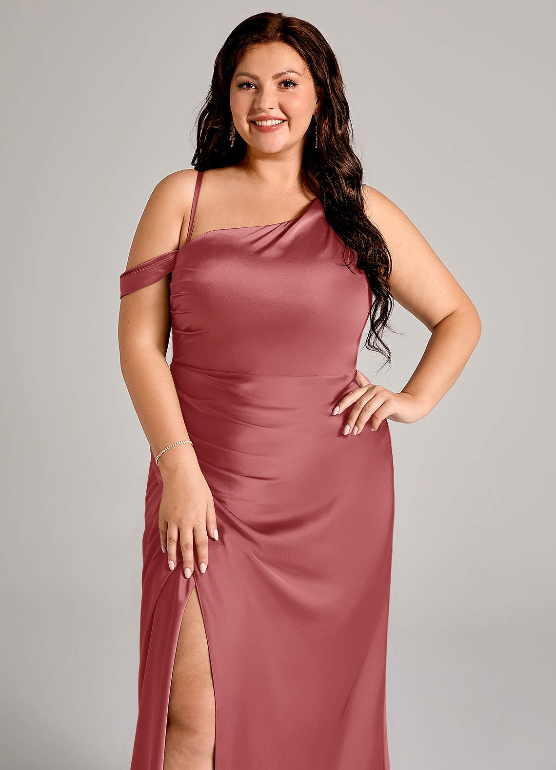Azazie Madelyn At-home Try On Dresses Agave Mermaid One Shoulder Stretch Satin Convertible Dress image9