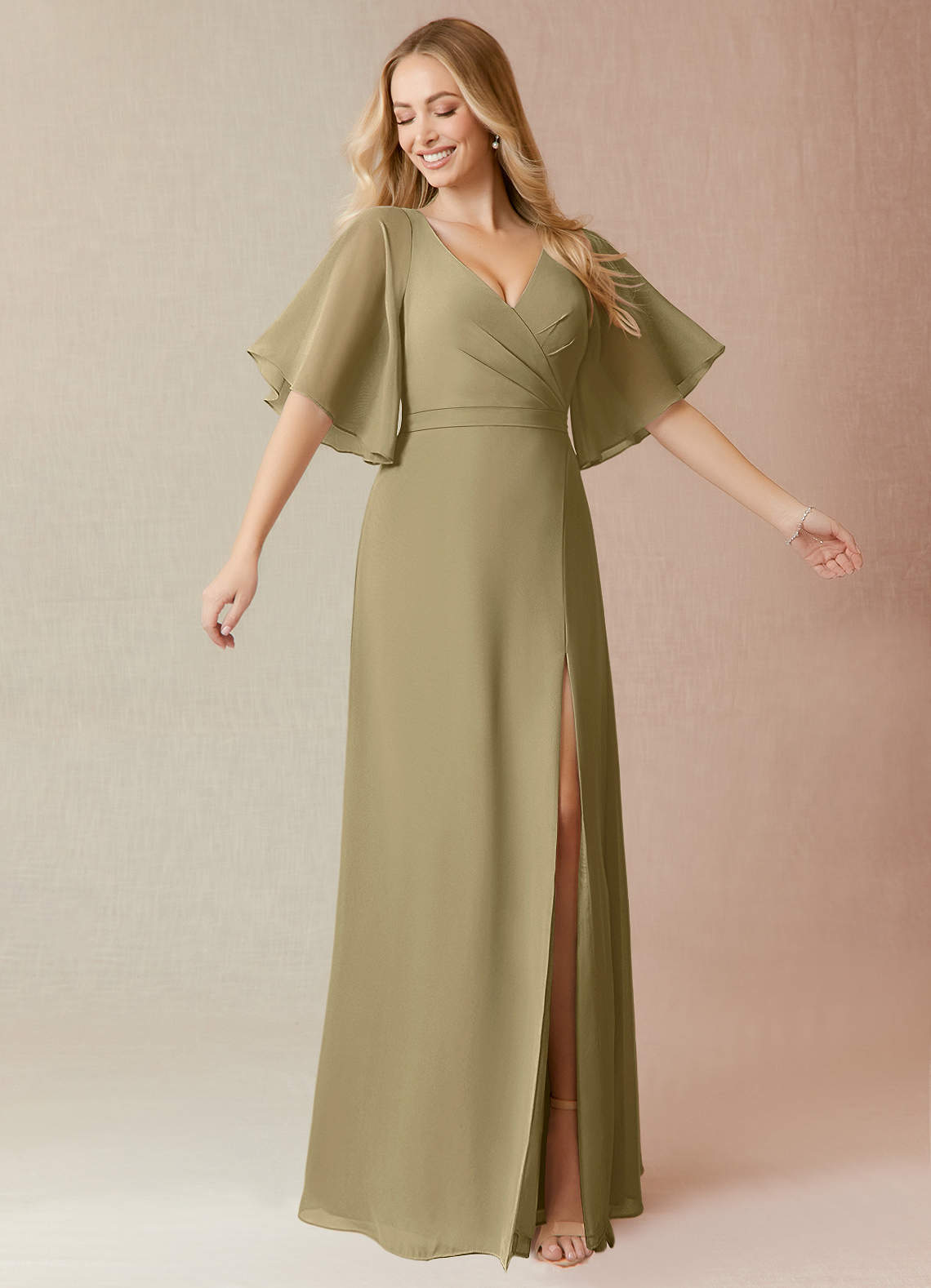 Azazie Cierra Bridesmaid Dresses Moss Green A-Line V-Neck Chiffon Dress image1