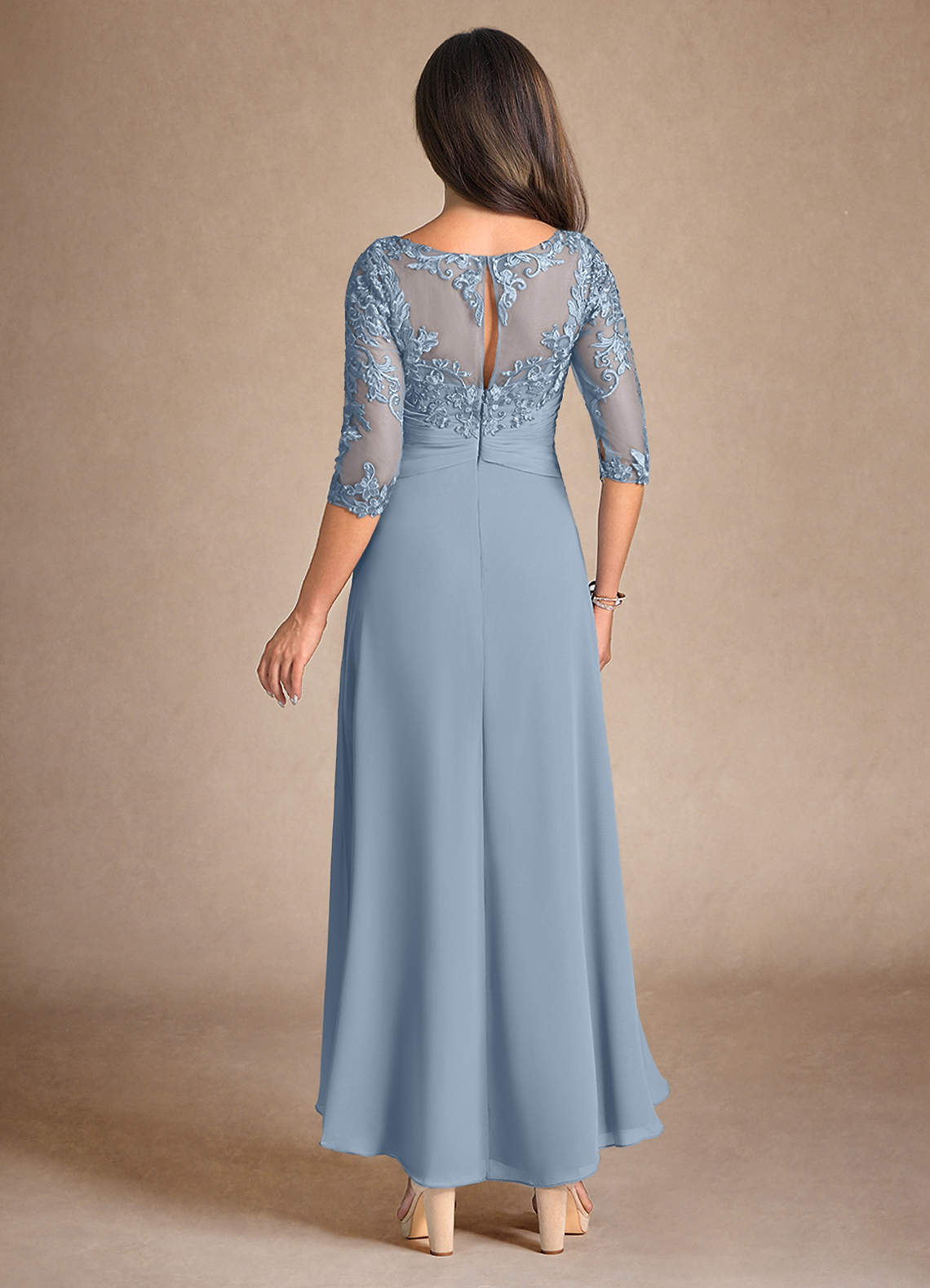 Azazie Marietta At-home Try On Dresses Dusty Blue A-Line Lace Dress image2