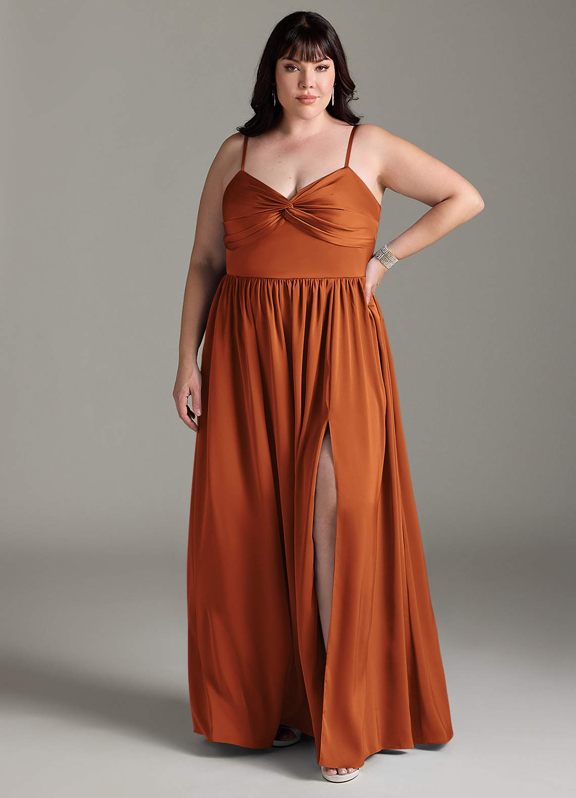 Azazie Zeya Bridesmaid Dresses Cinnamon A-Line Pleated Stretch Satin Dress image1