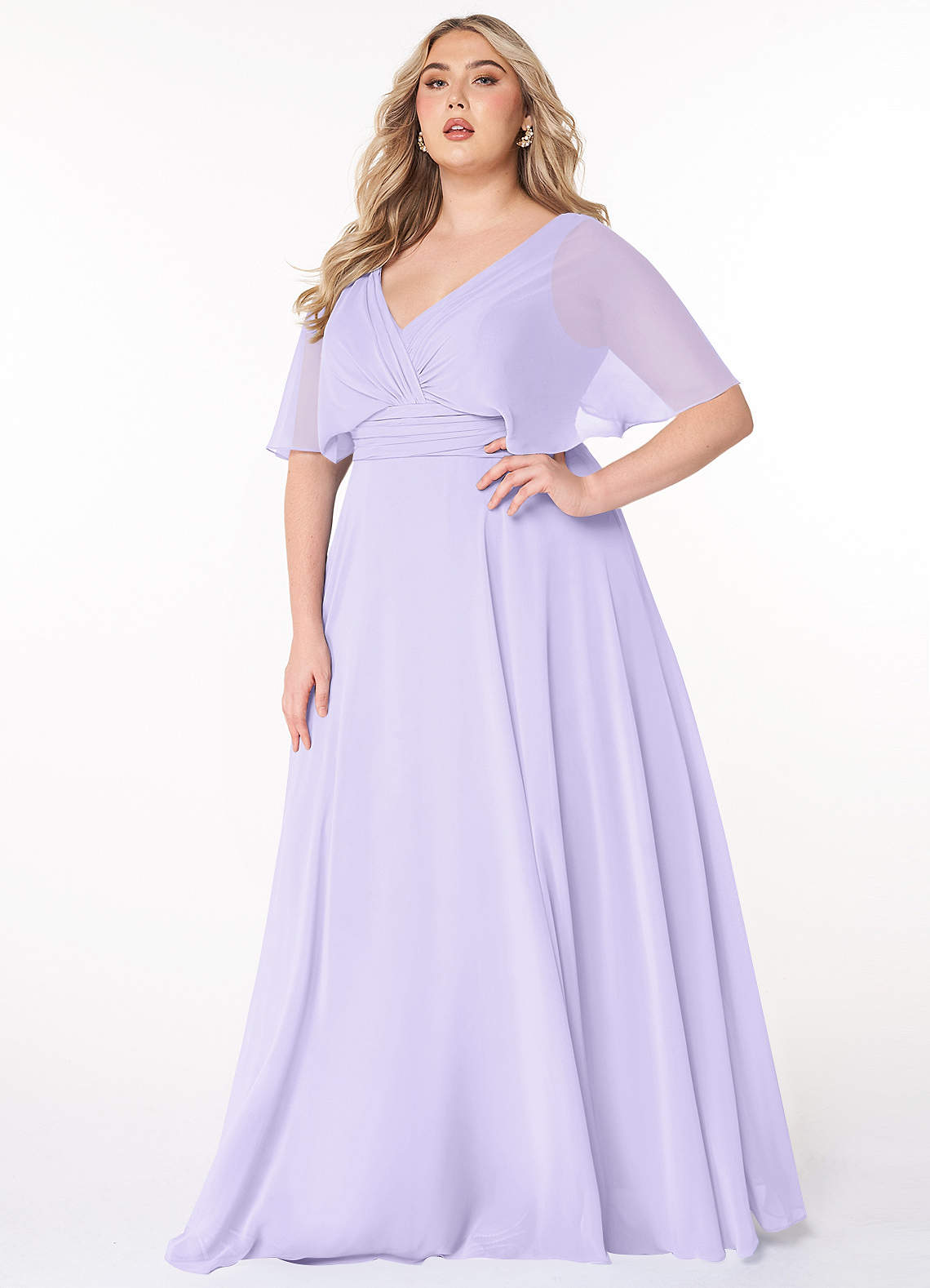 Azazie Pamela Robes de demoiselle d'honneur Robe Trapèze en Mousseline de soie Col V plissé Lilas image1