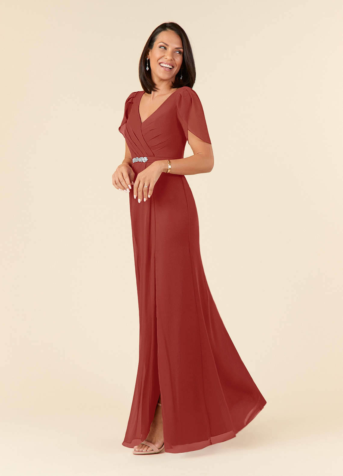 V-neck Lace and Chiffon Dresses with Open Back Terracotta