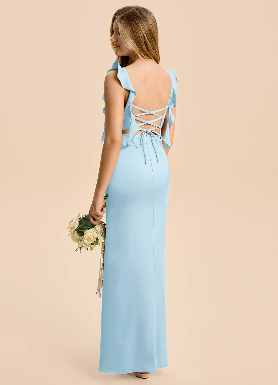 Azazie Jessamine Junior Sky Blue Sheath Ruched Stretch Satin Dress image3