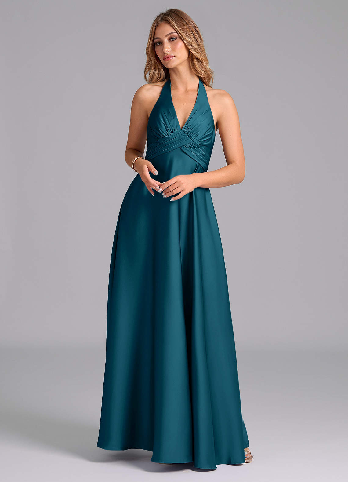 Azazie Tessie Bridesmaid Dresses Ink Blue A-Line Pleated Stretch Satin Dress image1