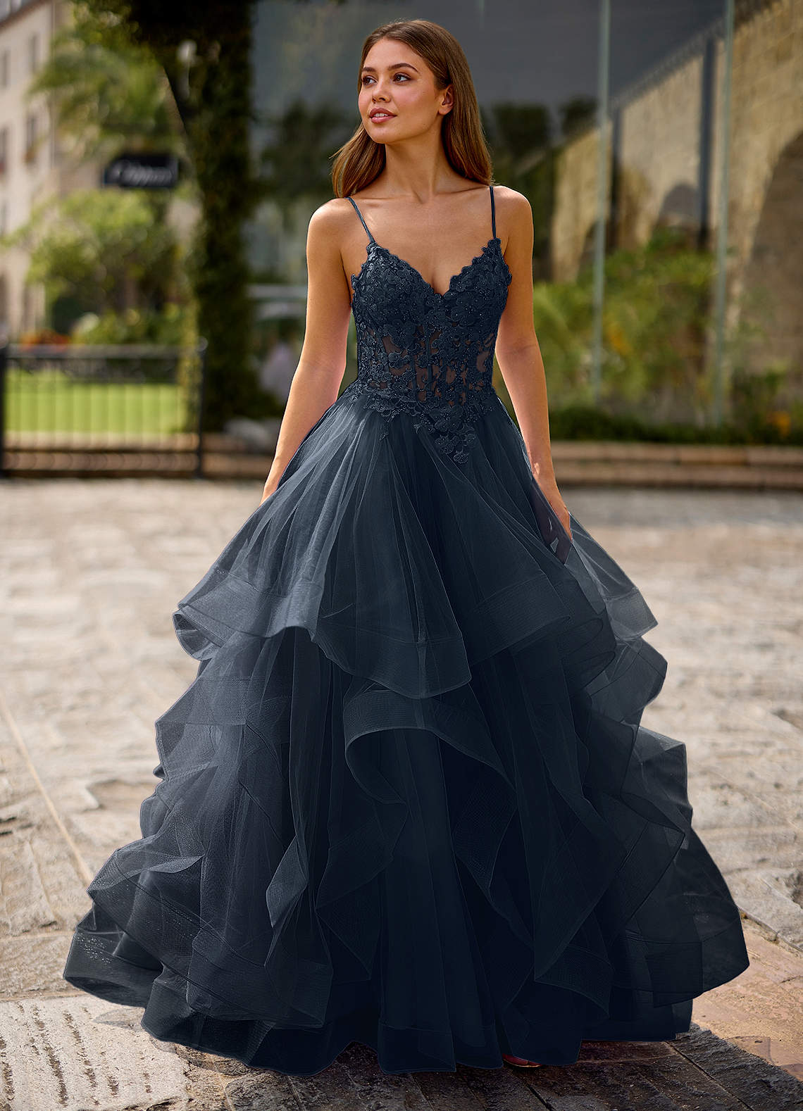 Spitze Navy Sheer Lace Prom Dress | Azazie Spitze Navy Sheer Lace Prom Dress | Azazie