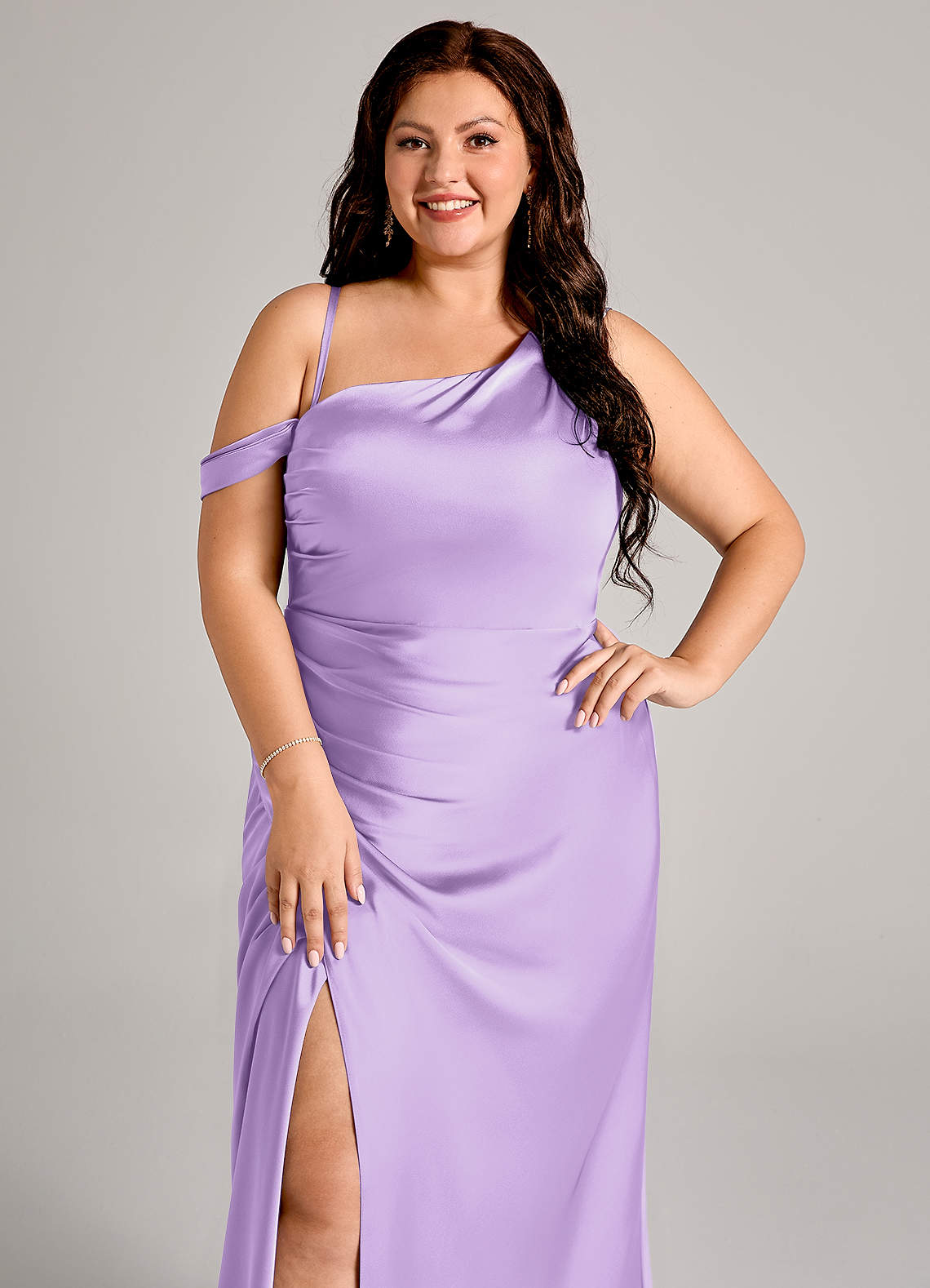 Azazie Madelyn Bridesmaid Dresses Lilac Mermaid One Shoulder Stretch Satin Convertible Dress image10