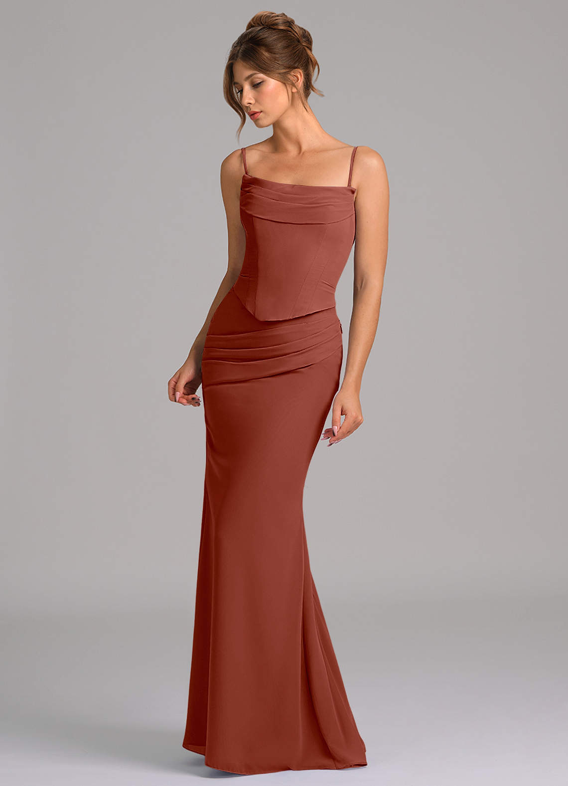 Azazie Sorrel Vestidos de madrinha de casamento Vestido Castanho Aloirado de Chiffon de sereia com Espartilho image5