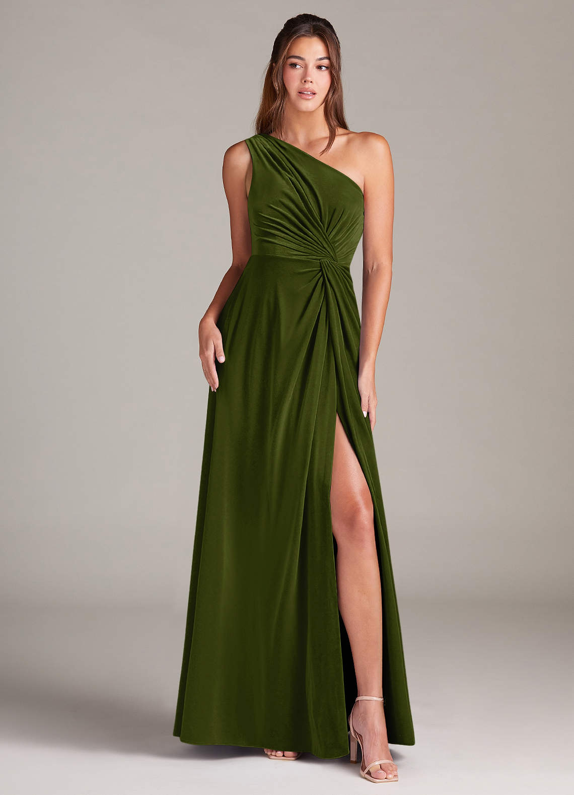 Azazie Brooke Bridesmaid Dresses Olive A-Line One Shoulder Velvet Dress image1