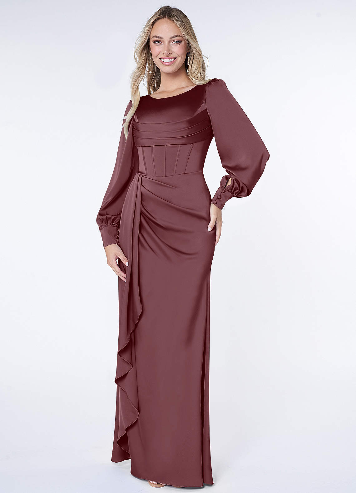 Azazie Raye Bridesmaid Dresses Sangria Mermaid Long Sleeve Stretch Satin Dress image1