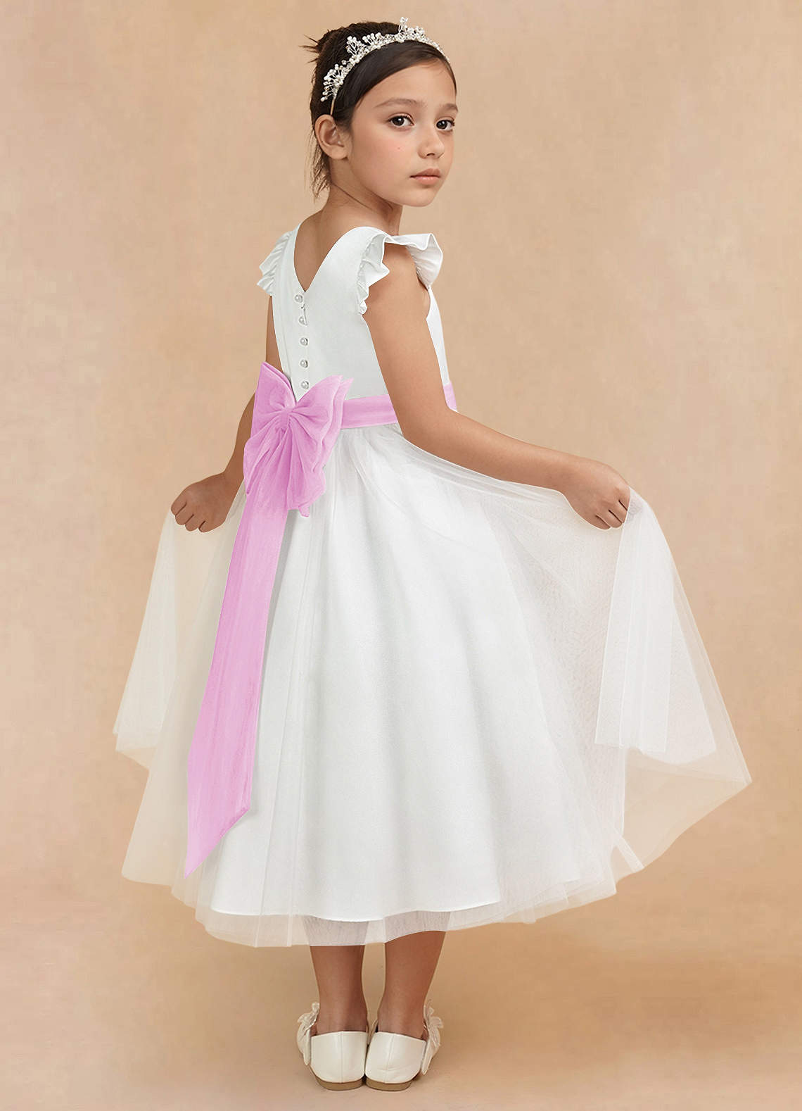 Azazie Hemi Flower Girl Dresses Ivory Candy Pink A-Line Bow Tulle Dress image1