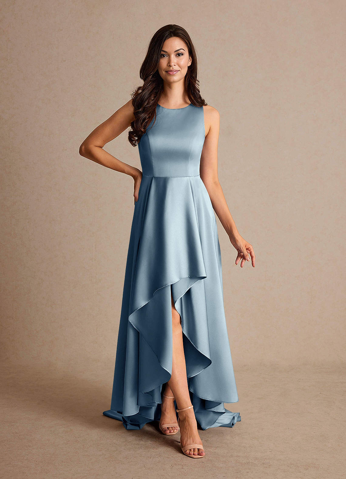 Azazie Niles vestidos de madre de la novia Vestido de Azul Polvoriento de Satén Elástico de Corte En A con Trenes image1