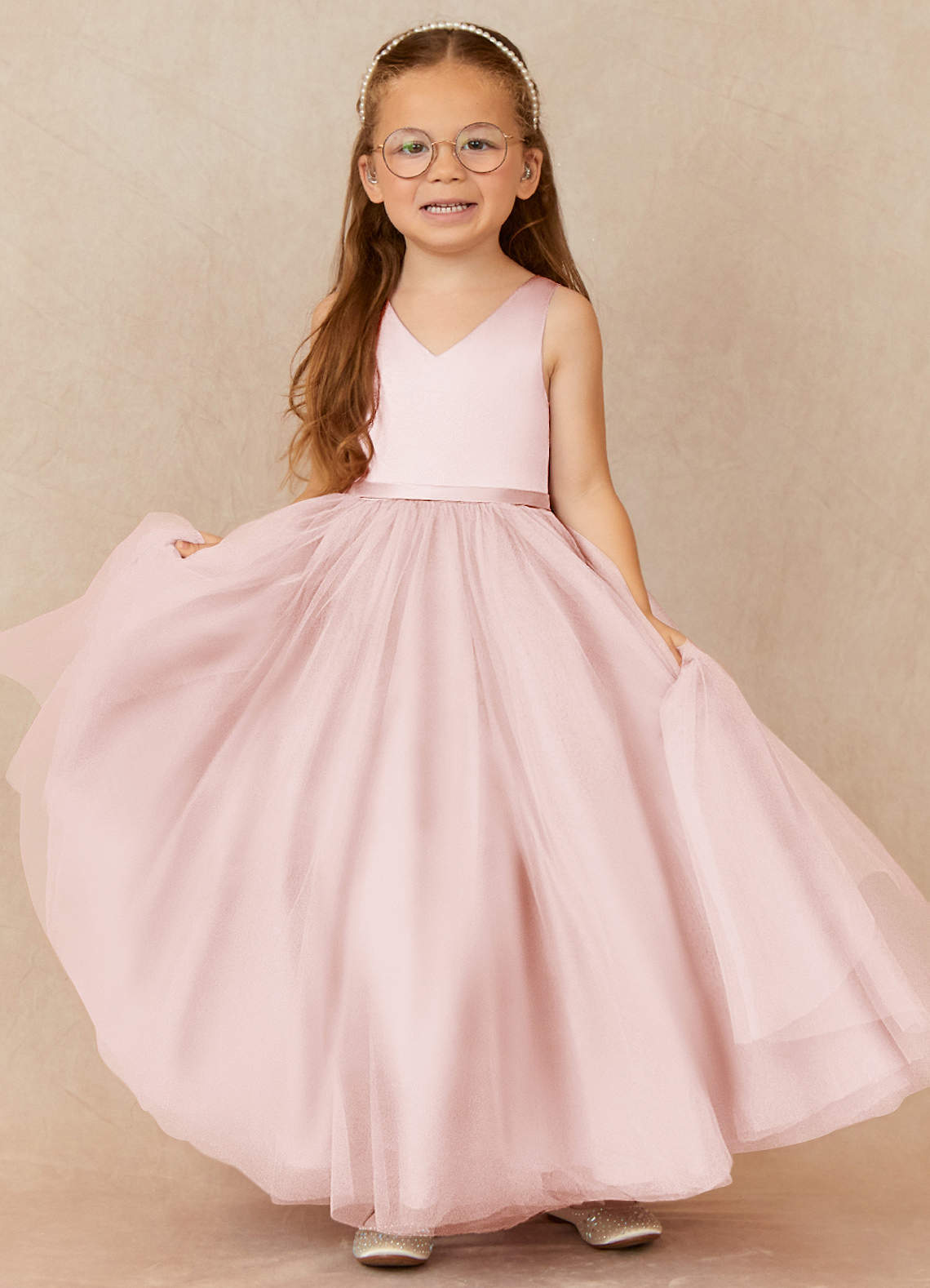 Azazie Marybell Flower Girl Dresses Blushing Pink A-Line Bow Tulle Dress image1