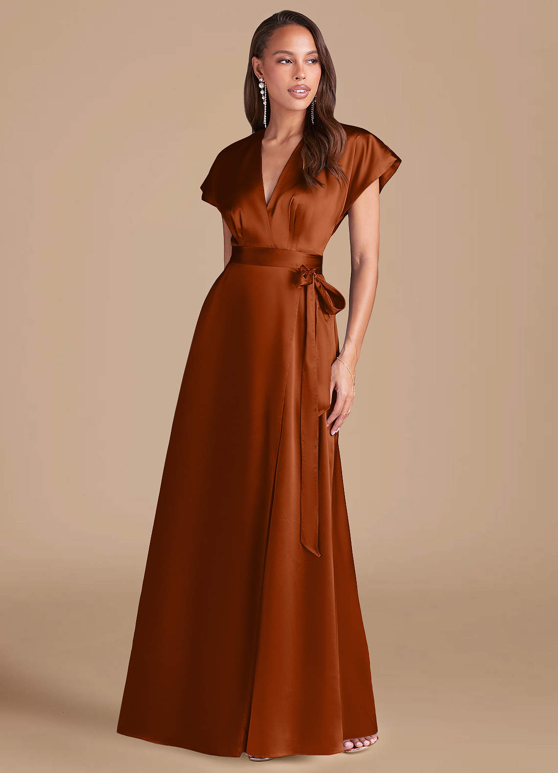 Azazie Nico Bridesmaid Dresses Auburn A-Line Pleated Metallic Satin Dress image1
