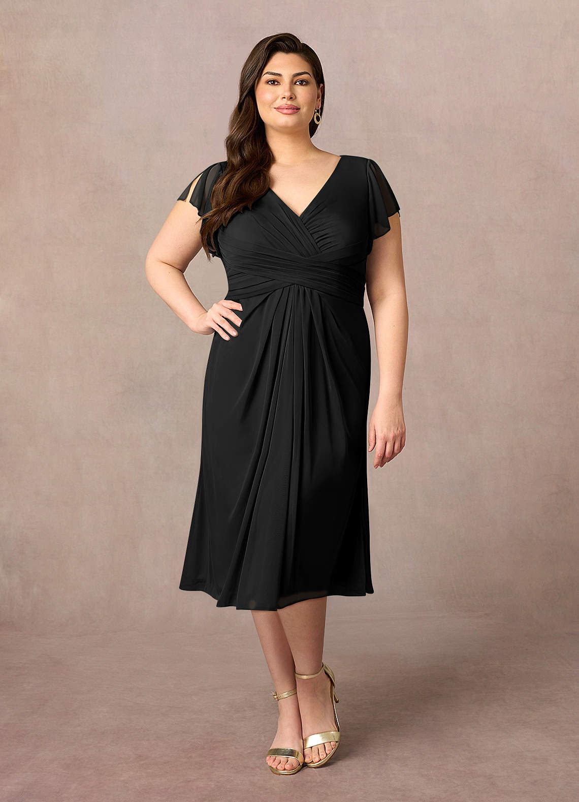 Azazie Vera Mother of the Bride Dresses Black A-Line V-Neck Pleated Mesh Dress image1