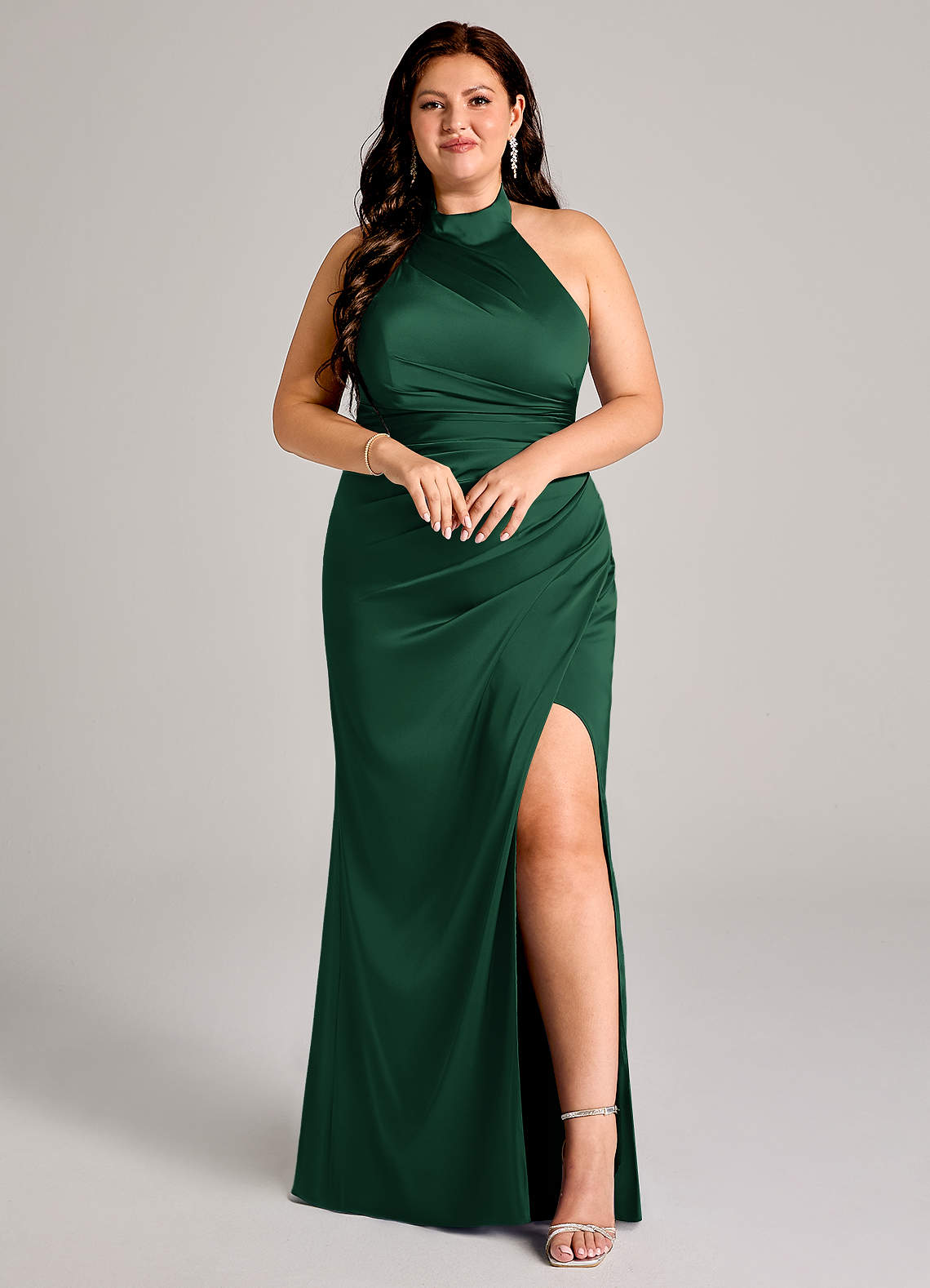 Azazie Jemma Bridesmaid Dresses Dark Green Sheath Pleated Stretch Satin Dress image1