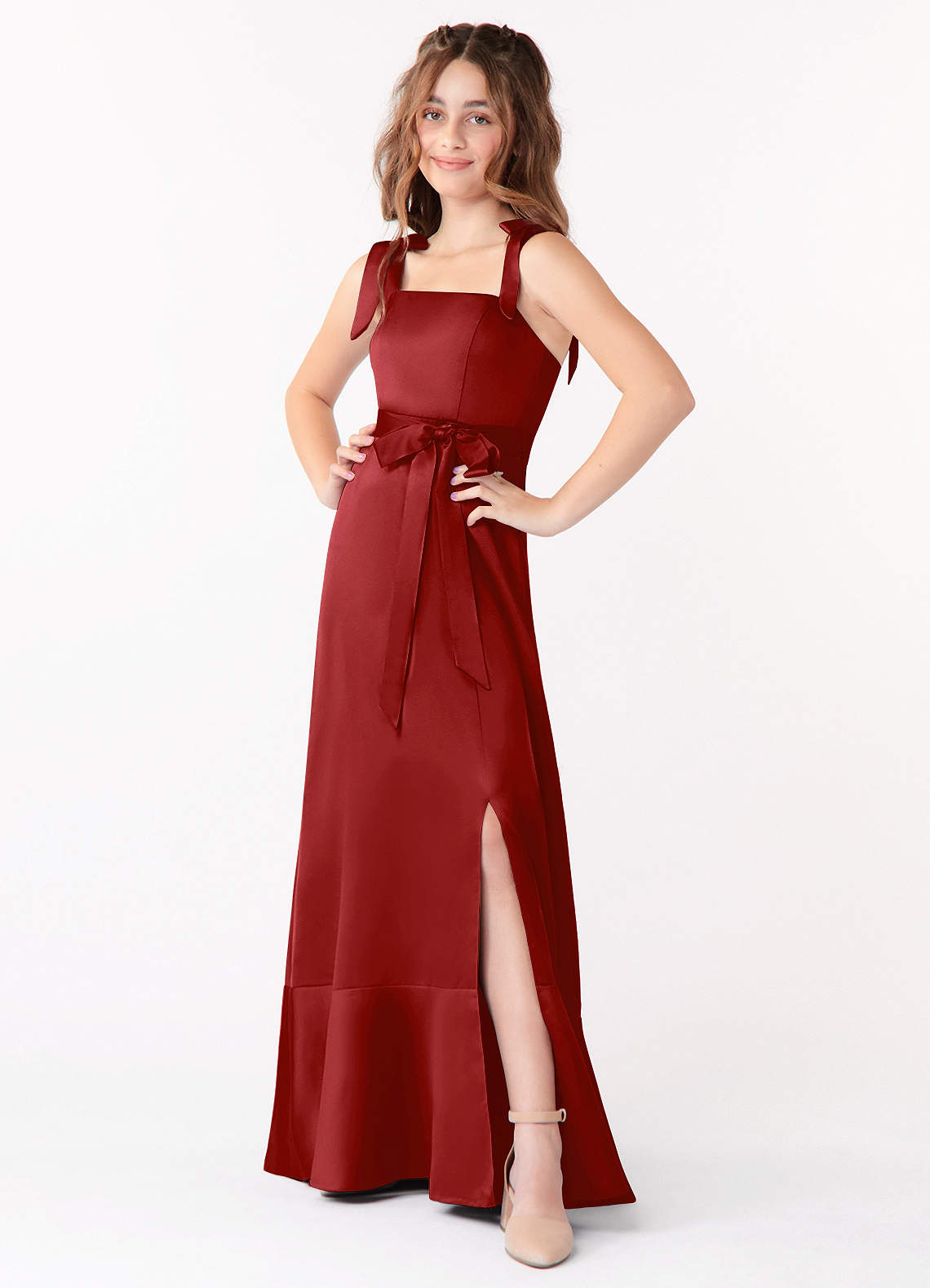 Azazie Barbara Junior Pomegranate A-Line Bow Stretch Satin Dress image1