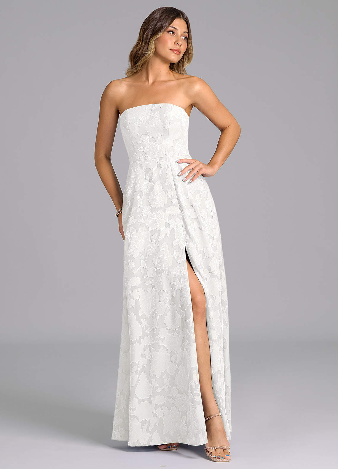 Azazie Wren Bridesmaid Dresses White A-Line Strapless Floral Burnout Dress image6