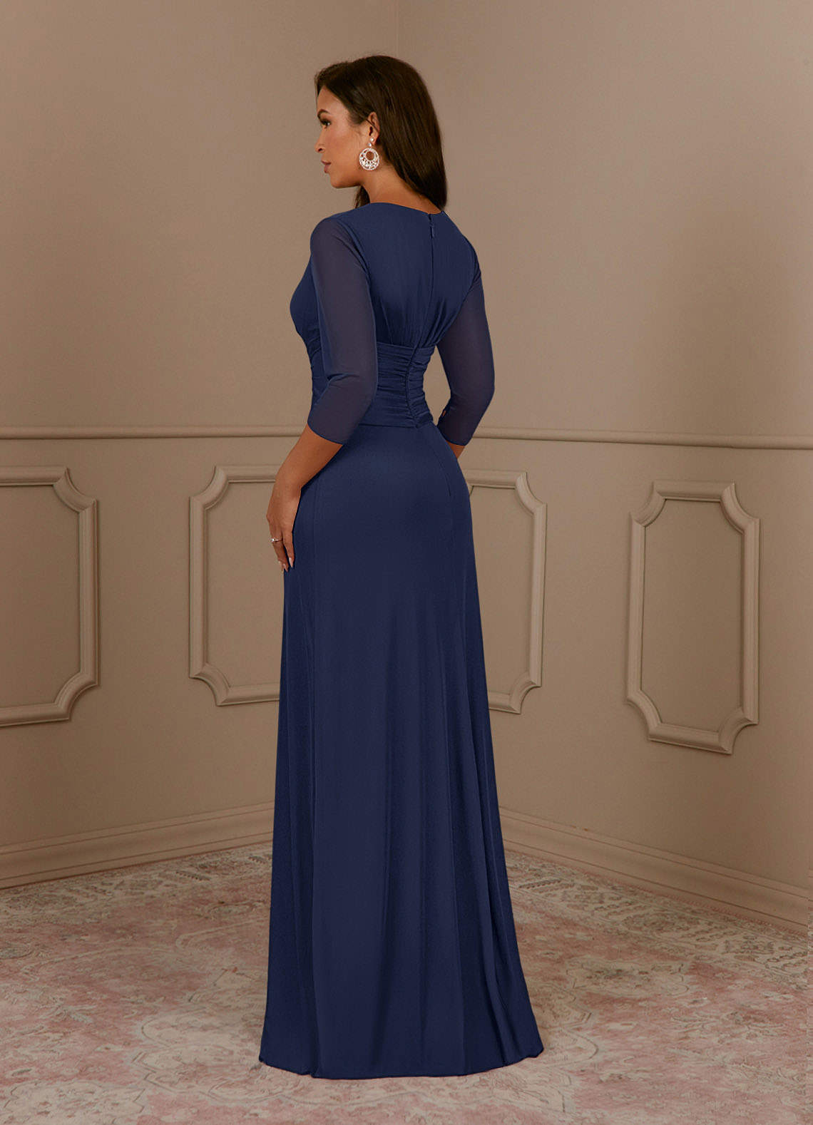 Azazie Annetta Mother of the Bride Dresses Dark Navy A-Line V-Neck Pleated Mesh Dress image2