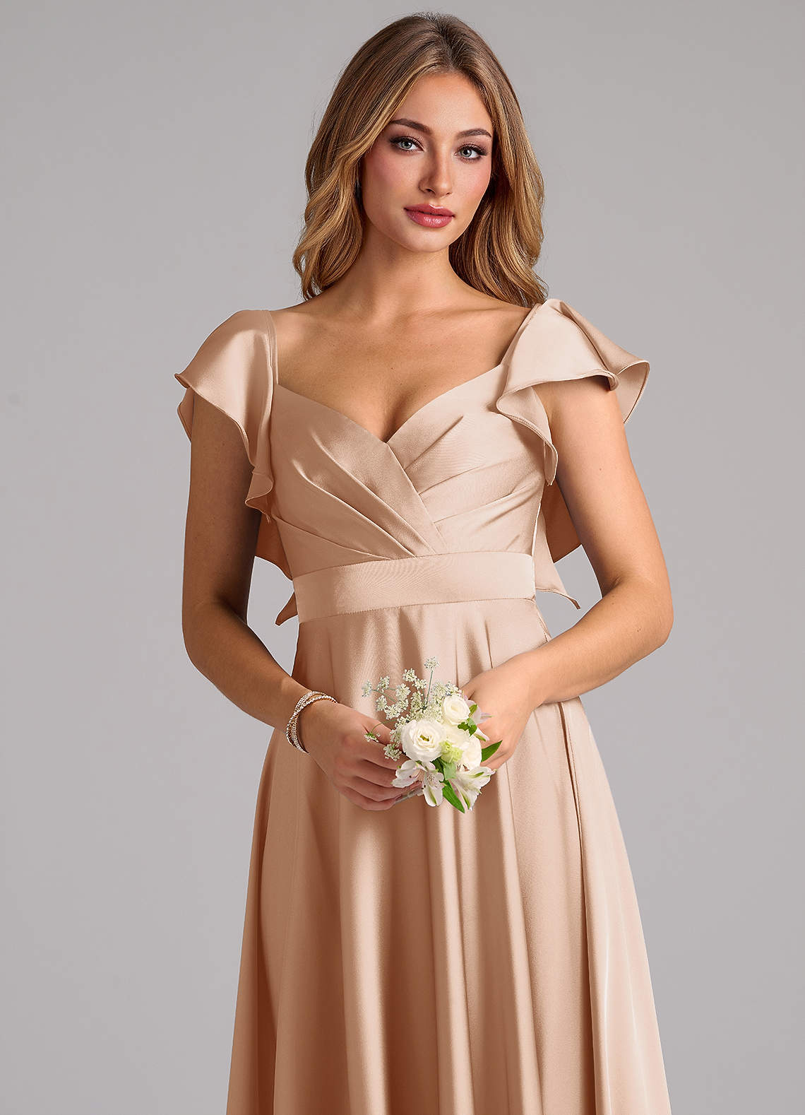 Azazie Leilani Bridesmaid Dresses English Rose A-Line Ruched Stretch Satin Dress image4