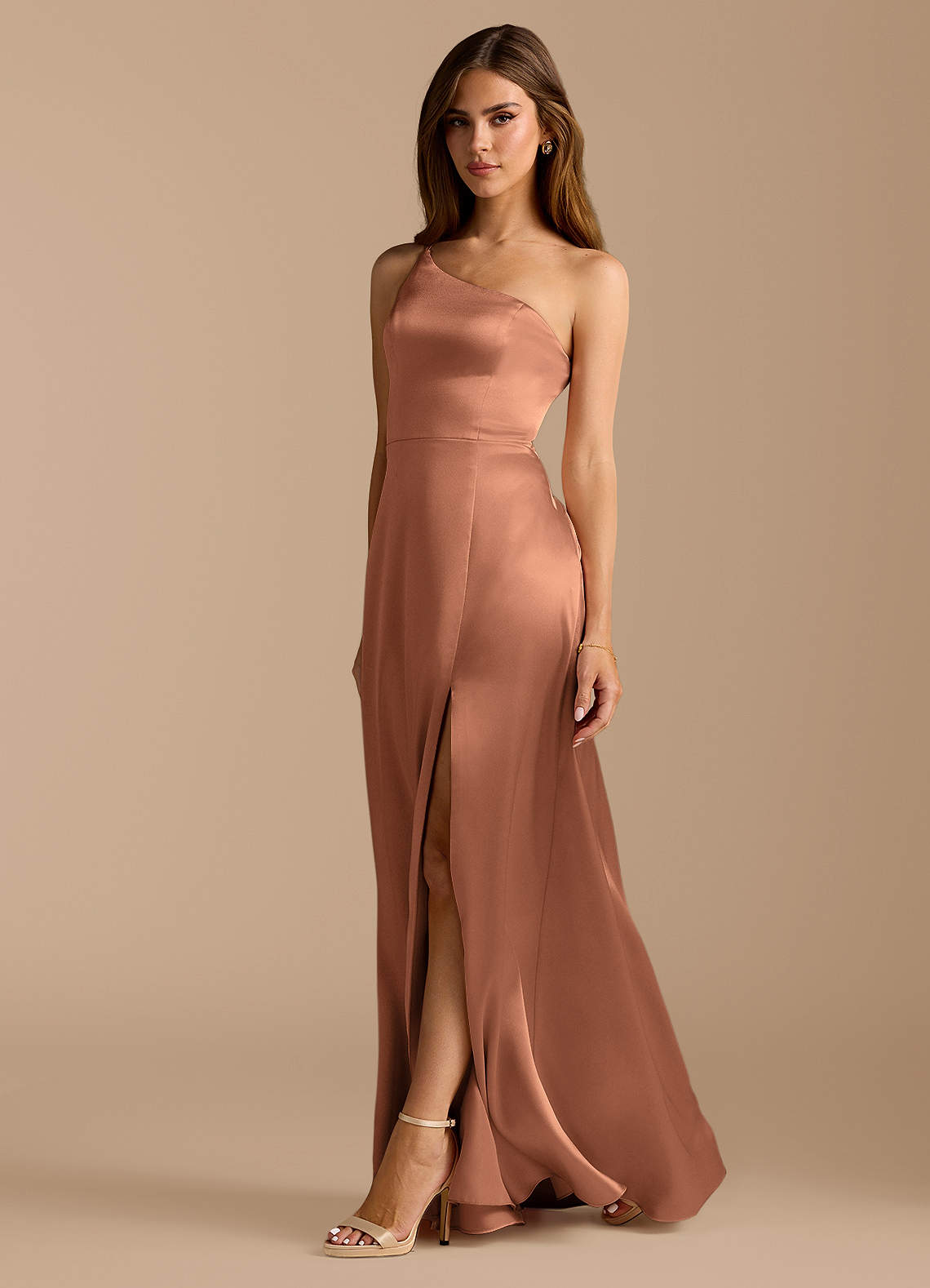 Azazie Trina Bridesmaid Dresses Bronzer A-Line One Shoulder Metallic Satin Dress image1