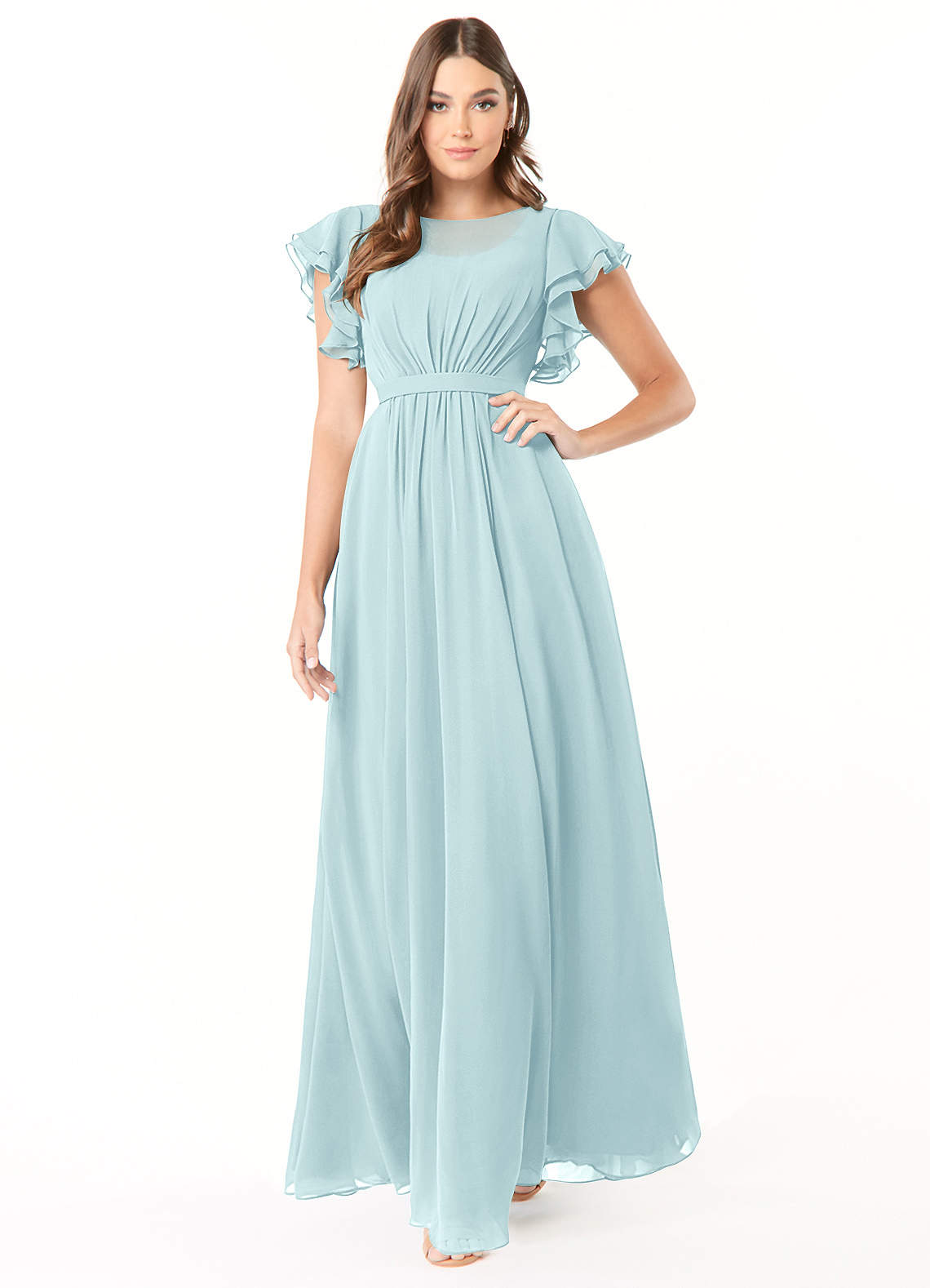 Azazie Daphne Bescheiden Bruidsmeisjekleding A-Lijn Geruffeld Chiffon Vloerlengte Jurk image1