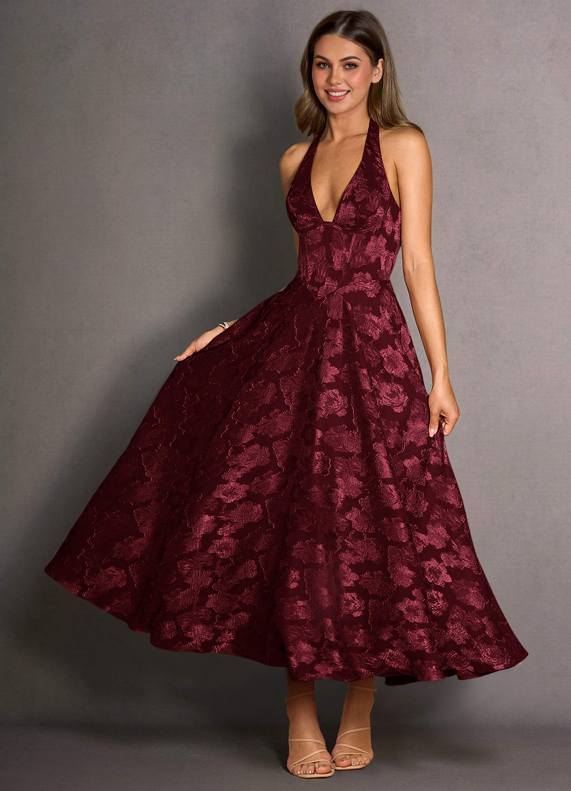 Azazie Halter A-Line Bows Maxi Cocktail Dresses in Wine