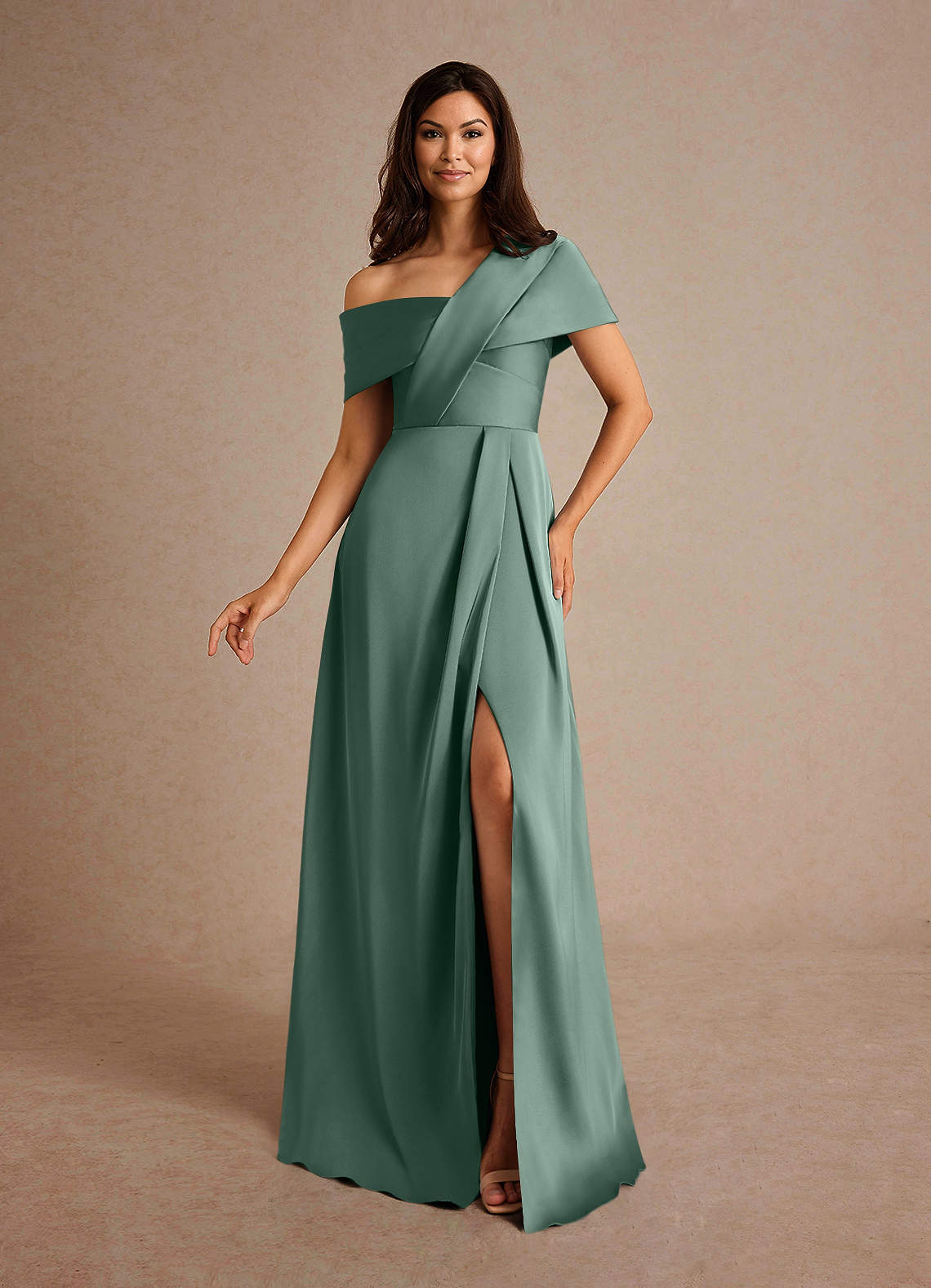Azazie Milton Vestidos para mãe da noiva Vestir Eucalipto de Cetim elástico de Linha A com Plissado image1