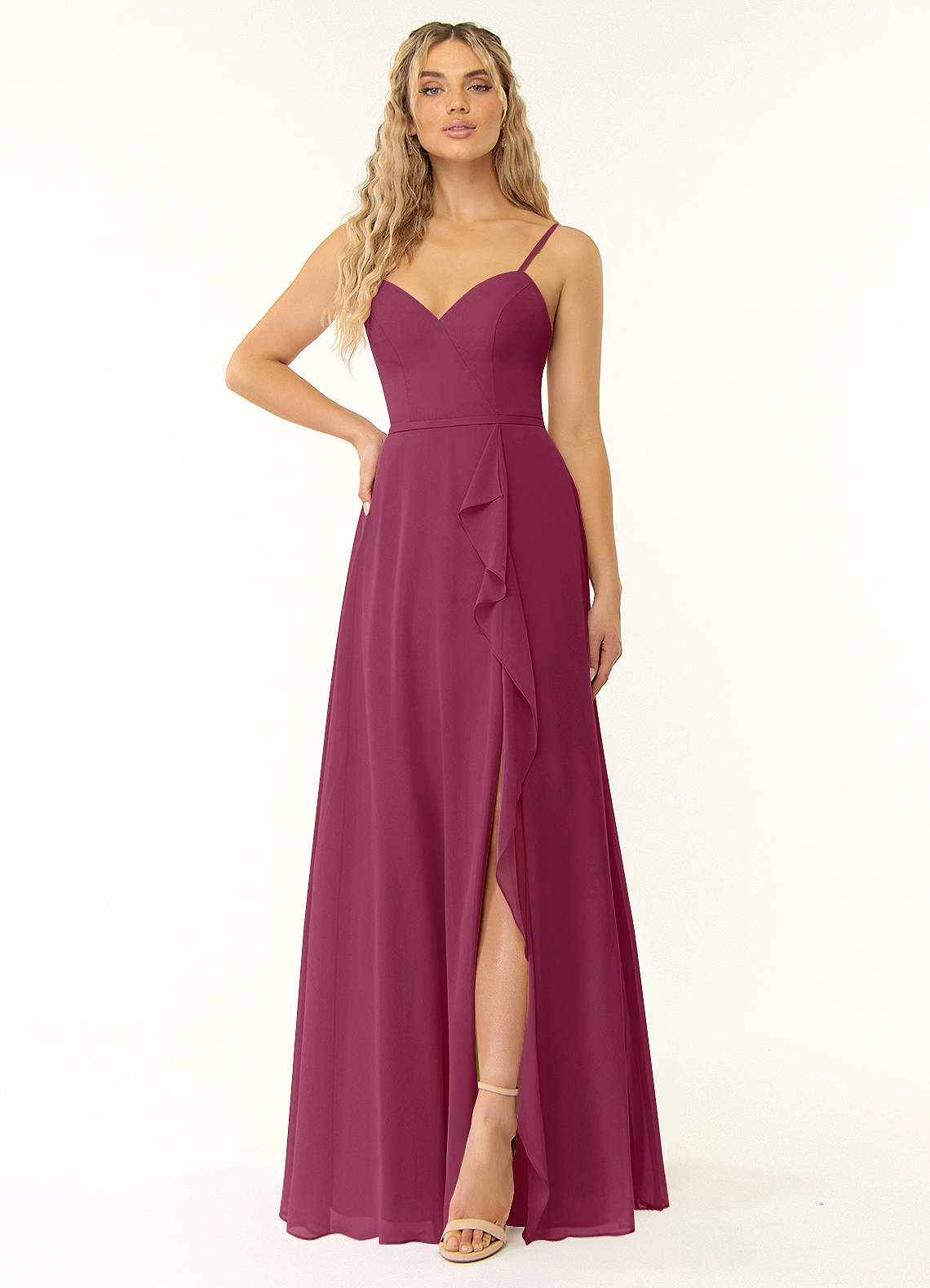 Azazie Naeem Bridesmaid Dresses Mulberry A-Line V-Neck Ruffle Chiffon Dress image1