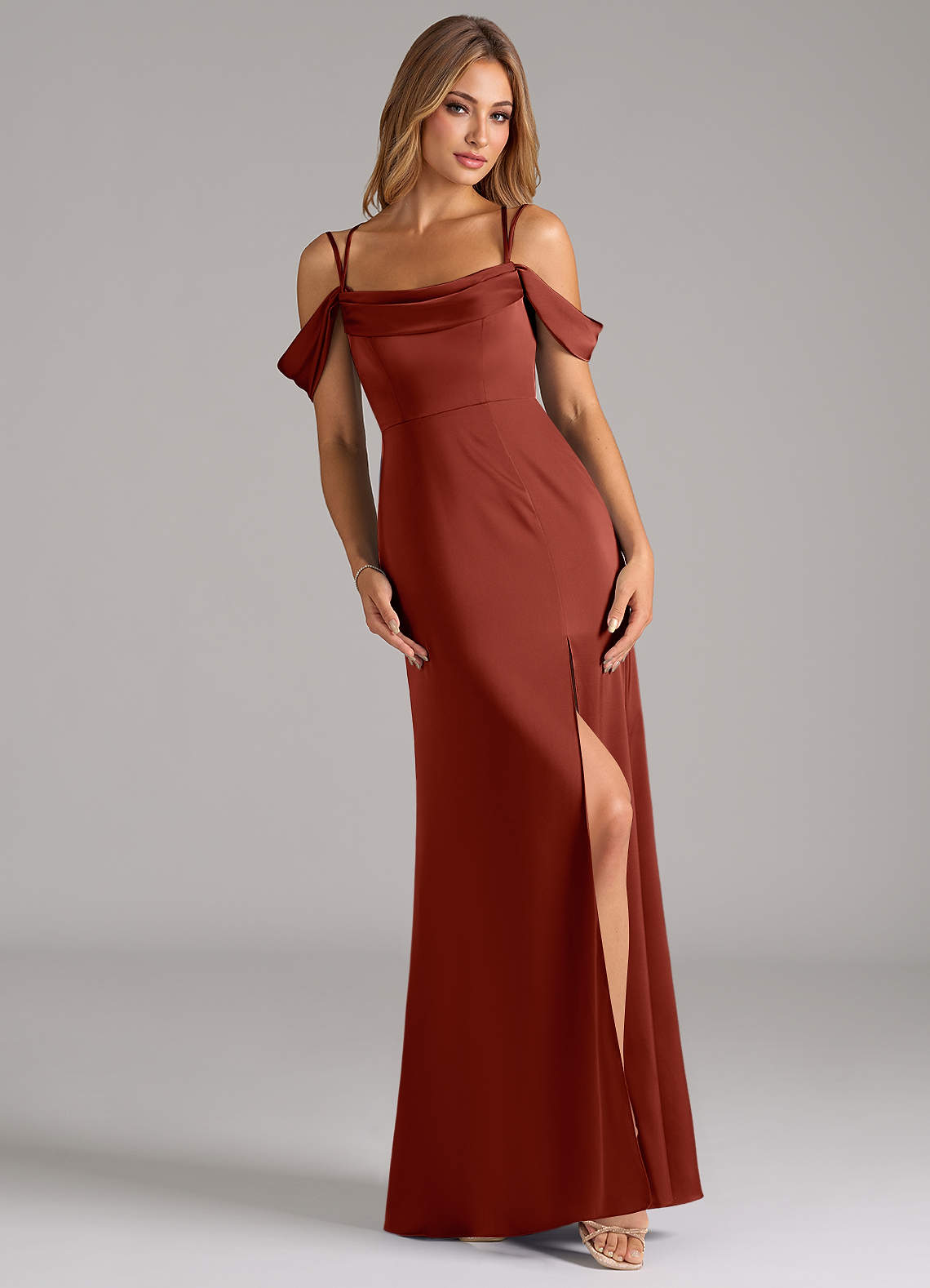 Azazie Callan Bridesmaid Dresses Terracotta A-Line Pleated Stretch Satin Convertible Dress image1
