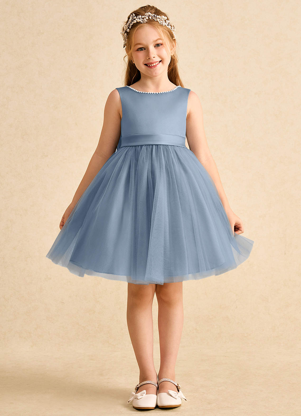 Azazie Jani Abiti da Ragazza di Fiori Abito A-Line in Tulle Fiocco Blu Polveroso image3