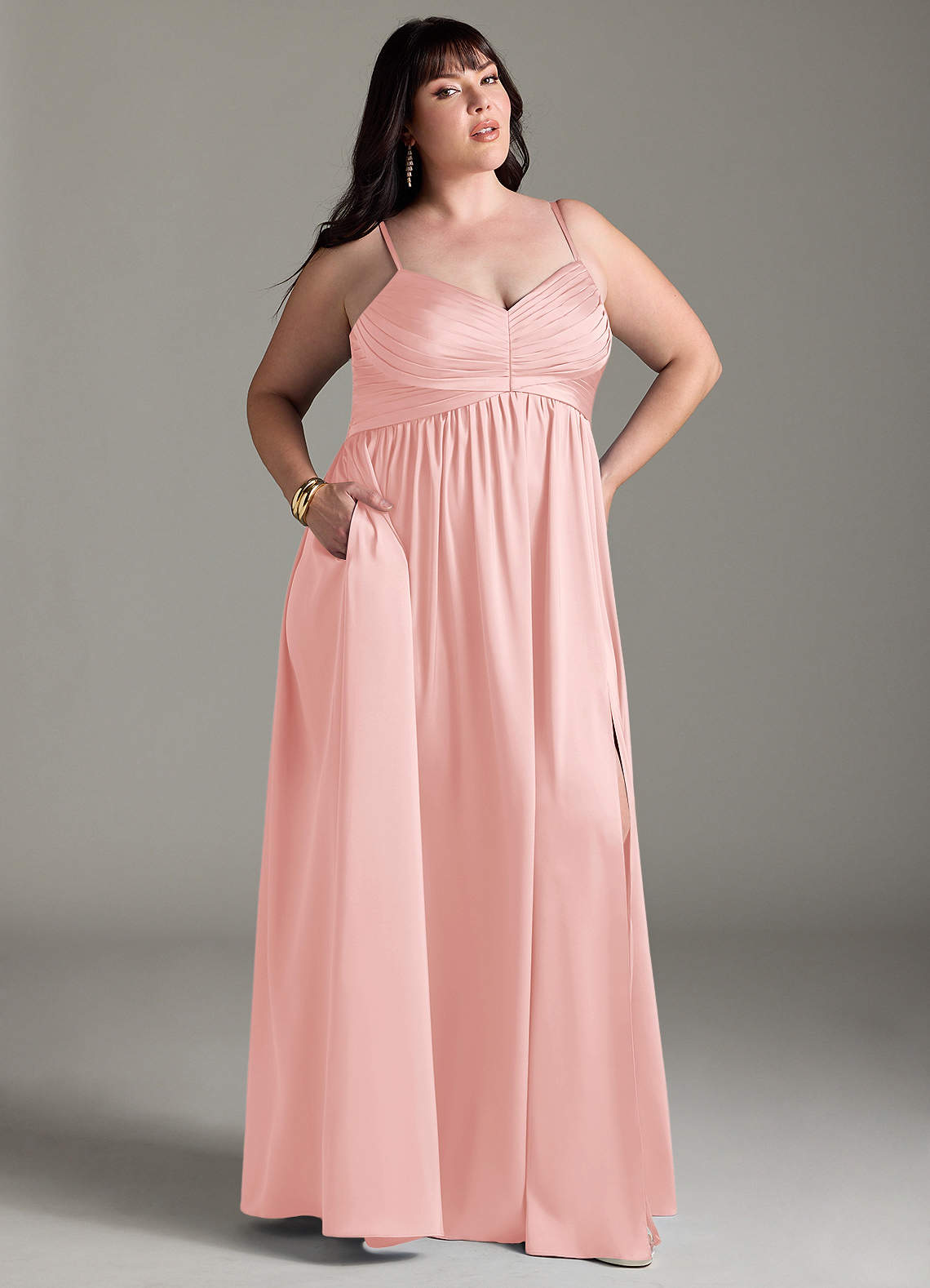 Azazie Alia Bridesmaid Dresses Powder Pink A-Line Pleated Stretch Satin Dress image1