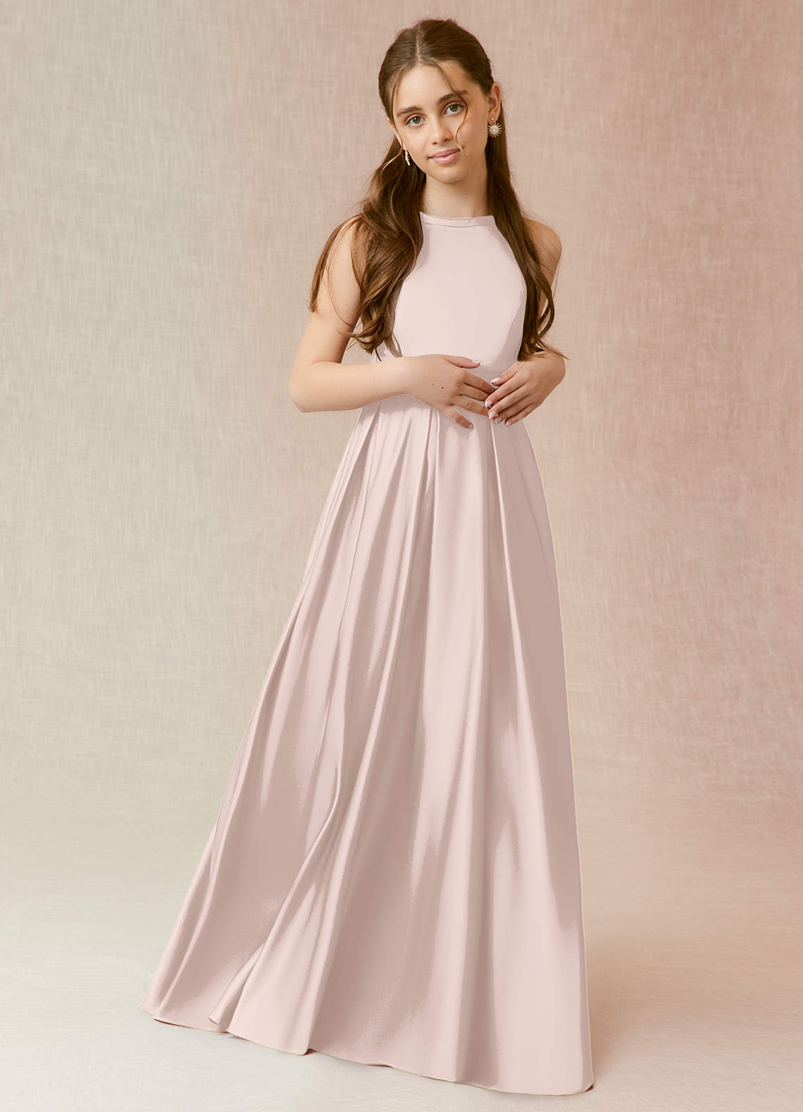 Azazie Arianthe Junior Blushing Pink A-Line with Pockets Stretch Satin Dress image1