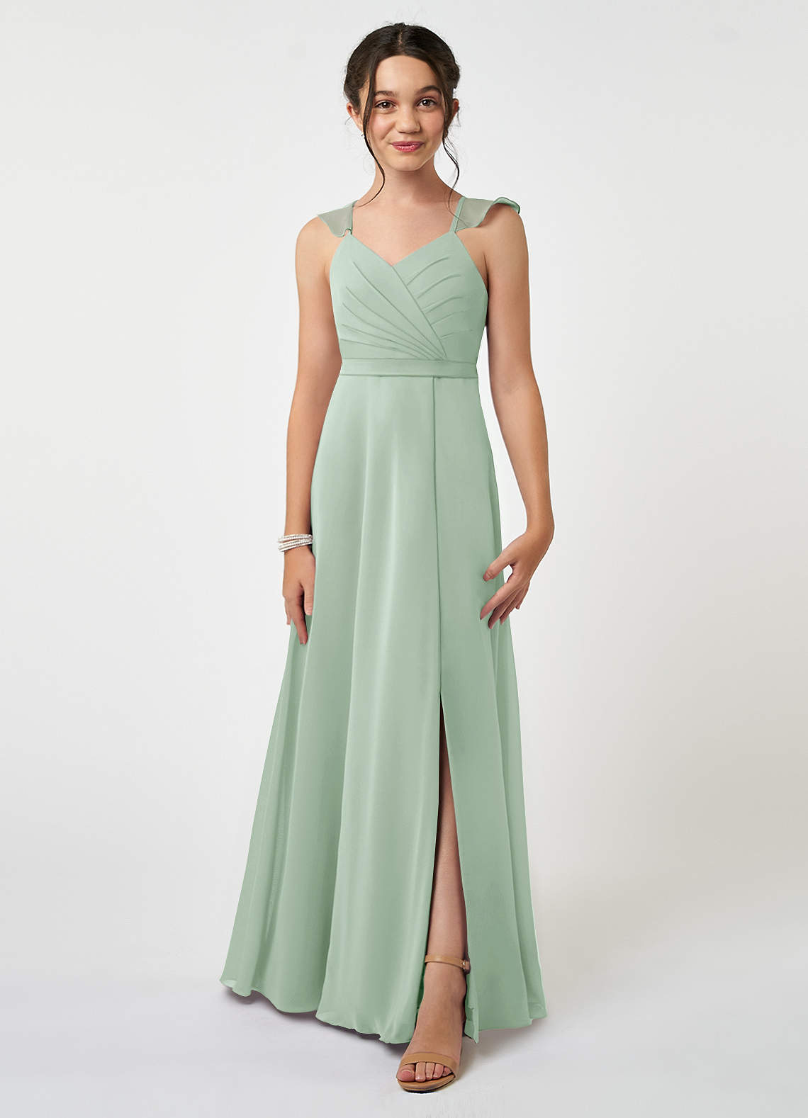 Azazie Emily Junior Agave A-Line Ruched Chiffon Dress image1