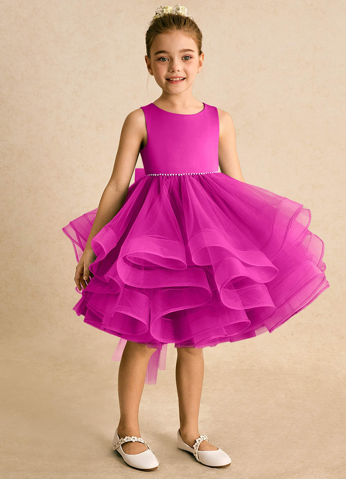 Azazie Tinie Blumenmädchenkleider Ballkleid Schleifen Tüll Kleid Fuchsia image1