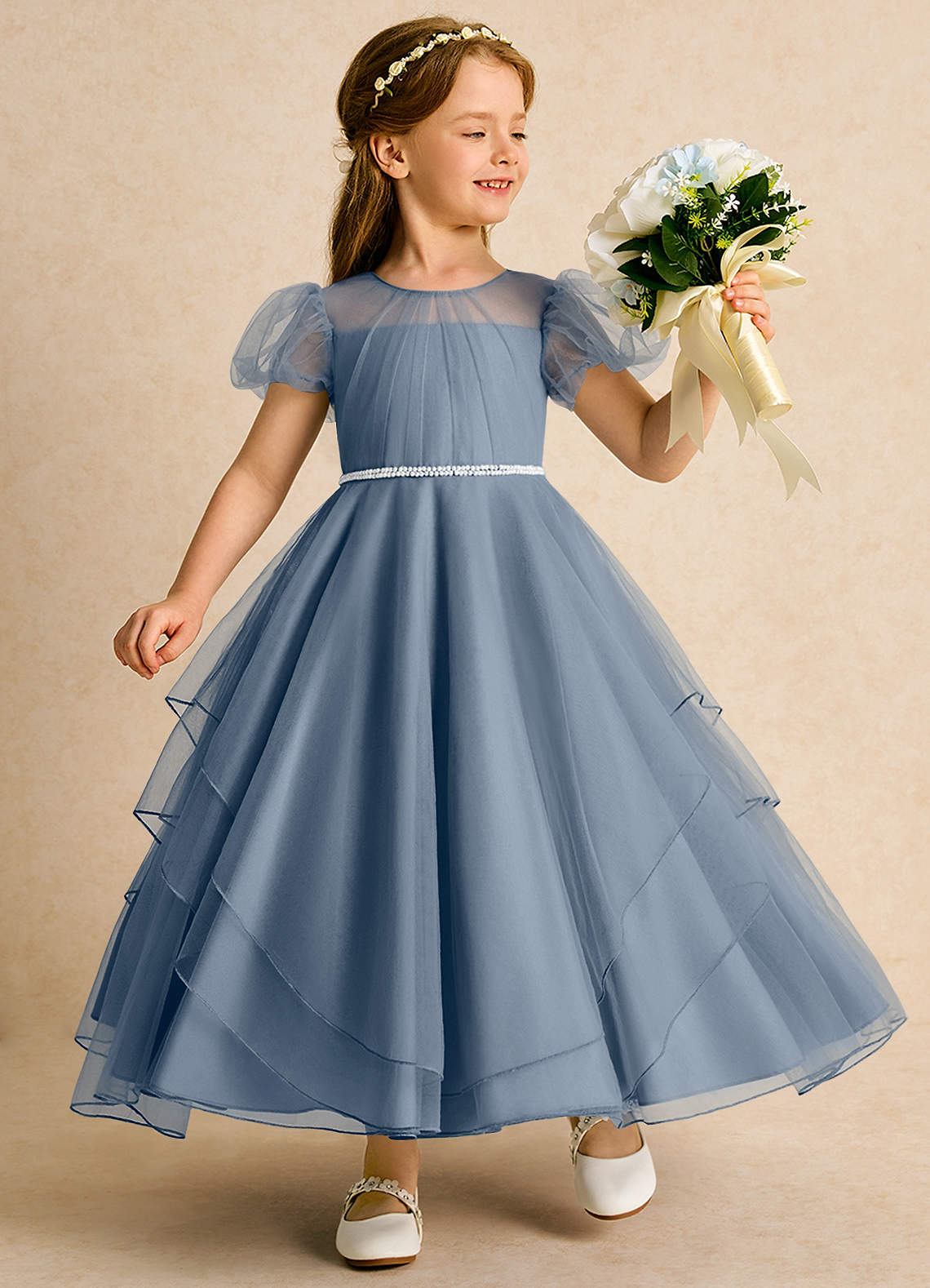 Azazie Duckie Abiti da Ragazza di Fiori Abito Principessa in Tulle Plissettato Crepuscolo image1