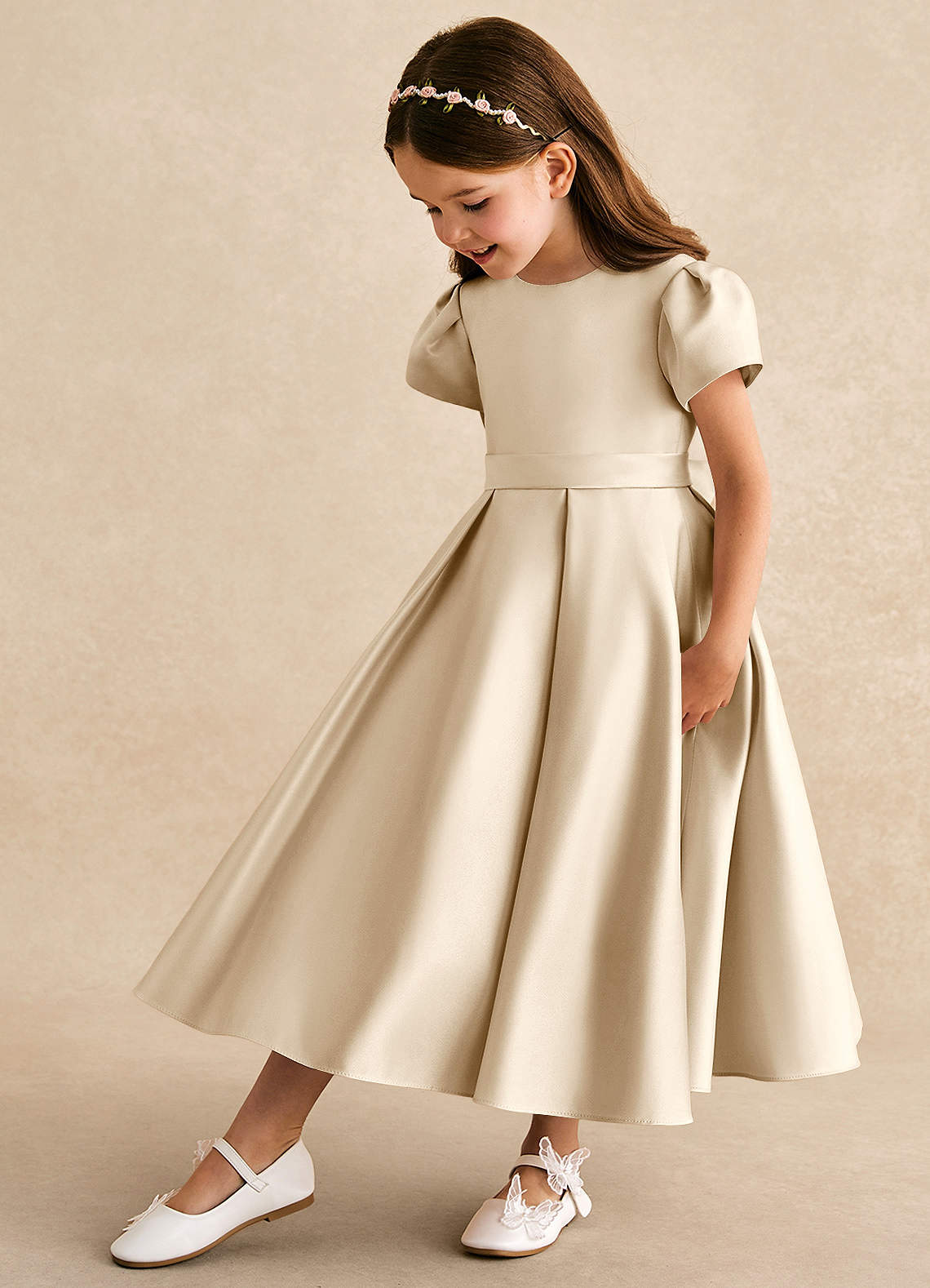 Azazie Princess Flower Girl Dresses Champagne A-Line Pleated Matte Satin Dress image1