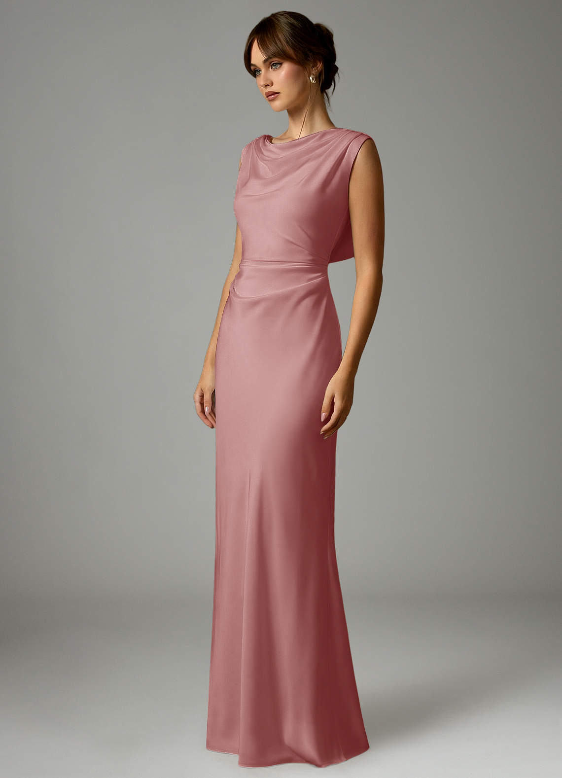 Azazie Kieryn Robes de demoiselle d'honneur Robe Sirène en Satin extensible Plissée Rose Poussiéreuse image2