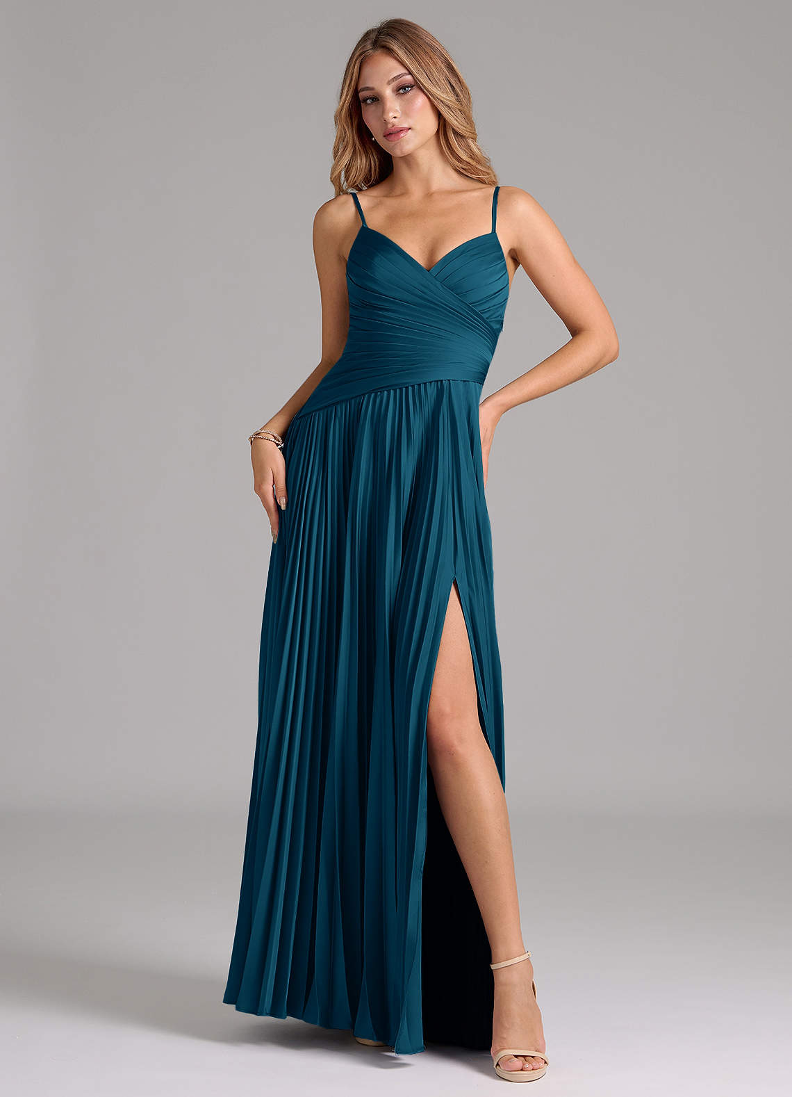 Azazie Vini Brautjungfernkleider A-Linie Plissee Stretch-Satin Kleid Tintenblau image1