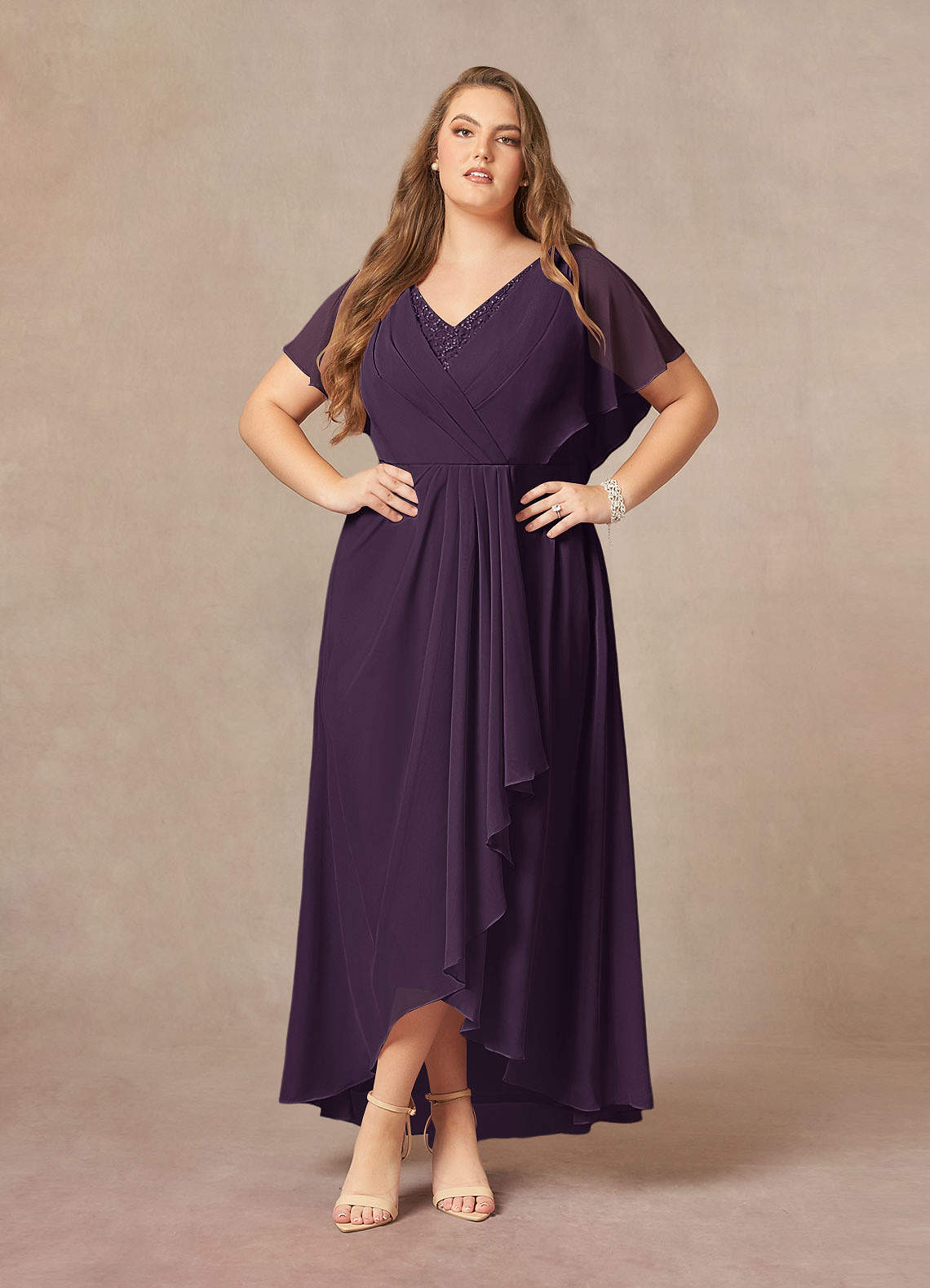 Azazie Eliza Mother of the Bride Dresses Plum A-Line V-Neck Pleated Chiffon Dress image1