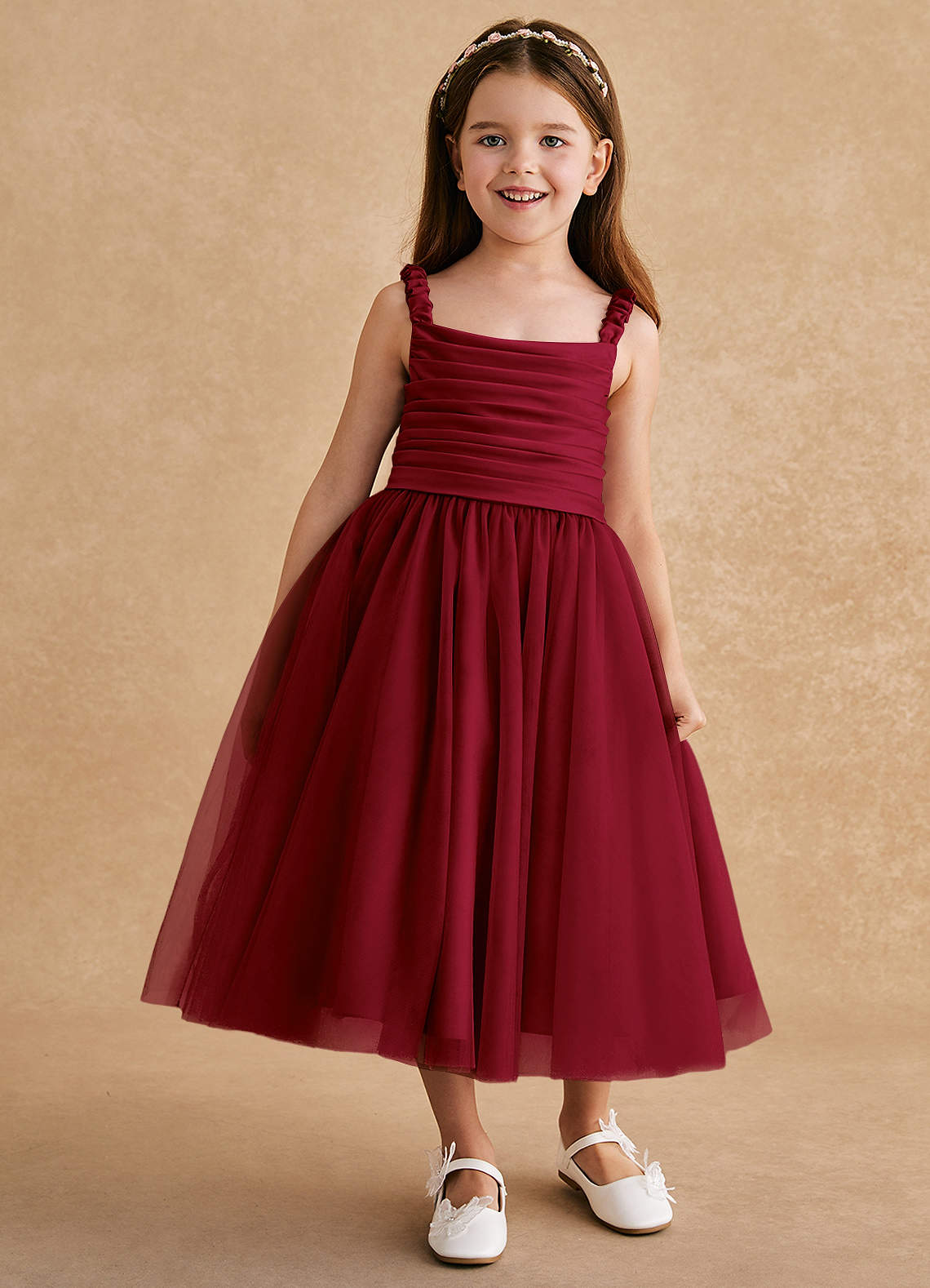Azazie Gabbie Flower Girl Dresses Burgundy A-Line Pleated Matte Satin Dress image1