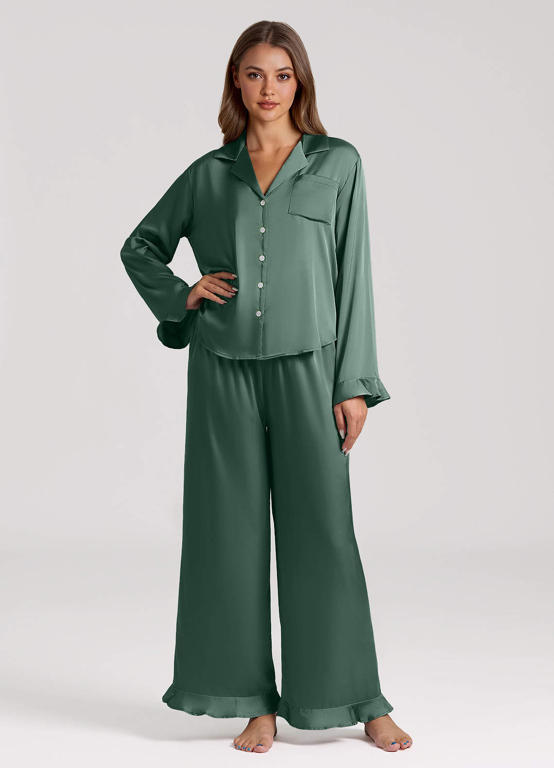 front Ruffled Satin Long Sleeve Pajama Set