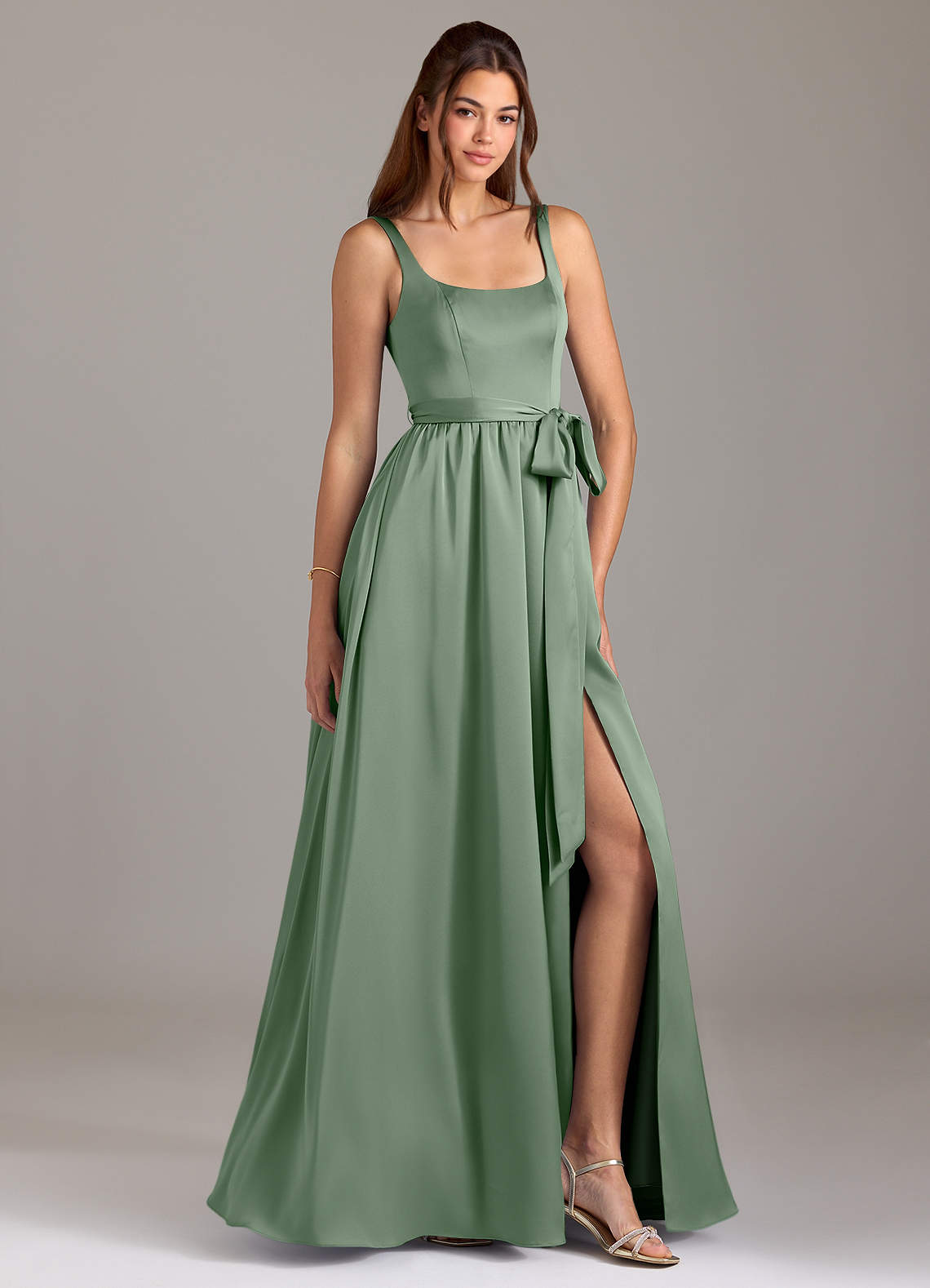 Azazie Elliott Vestidos de damas de honor Vestido de Matcha de Satén Elástico de Corte en A con Con bolsillos image1