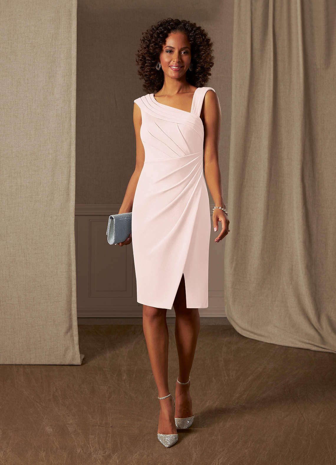 Azazie Cecily Mother of the Bride Dresses Blushing Pink Sheath Stretch Crepe Dress image1
