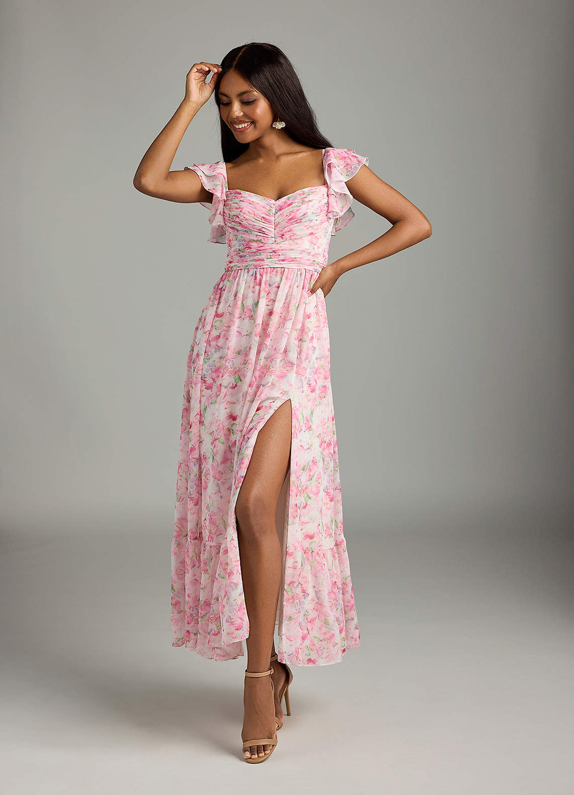 Azazie Anaya Bridesmaid Dresses Abstract Watercolor Floral A-Line Pleated Chiffon Dress image1