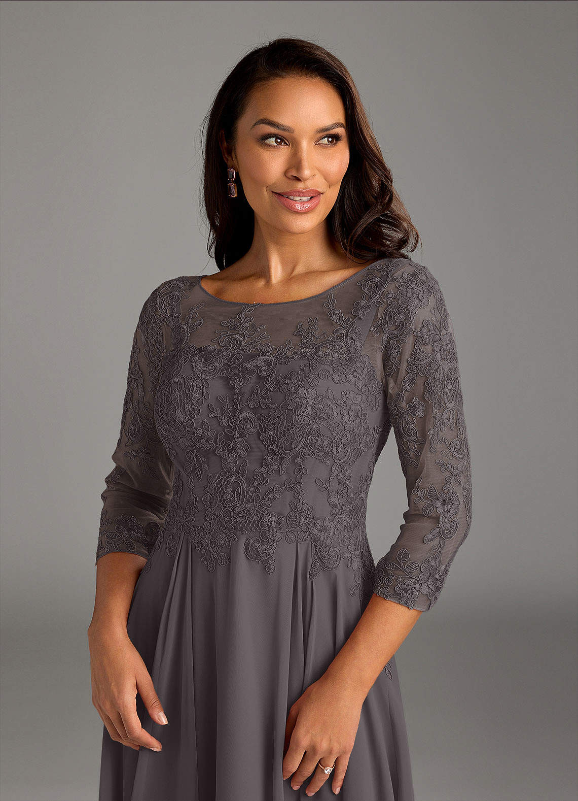 Azazie Marge Mother of the Bride Dresses Steel Grey A-Line Scoop Lace Chiffon Dress image4